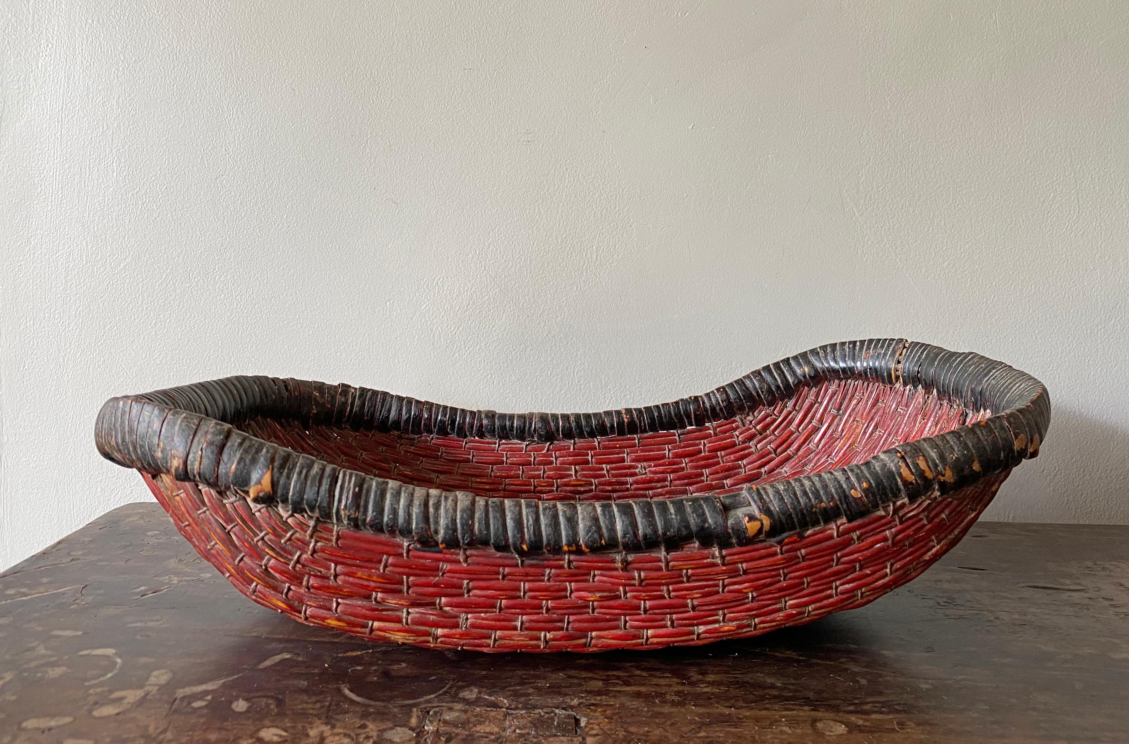 Hand-Crafted Chinese Red Painted Reed Basket, 