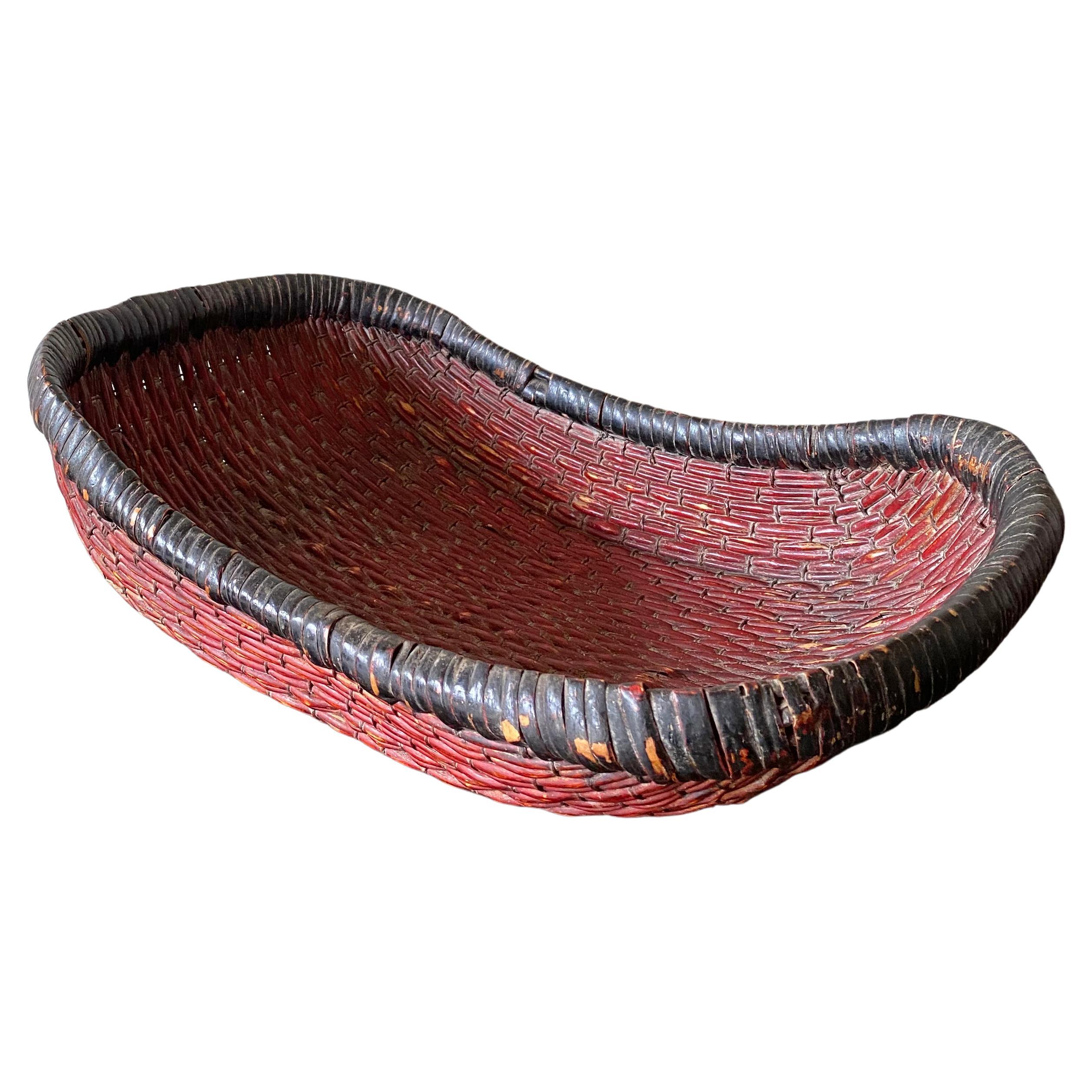 Chinese Red Painted Reed Basket, "Mantou" Basket, Early 20th Century