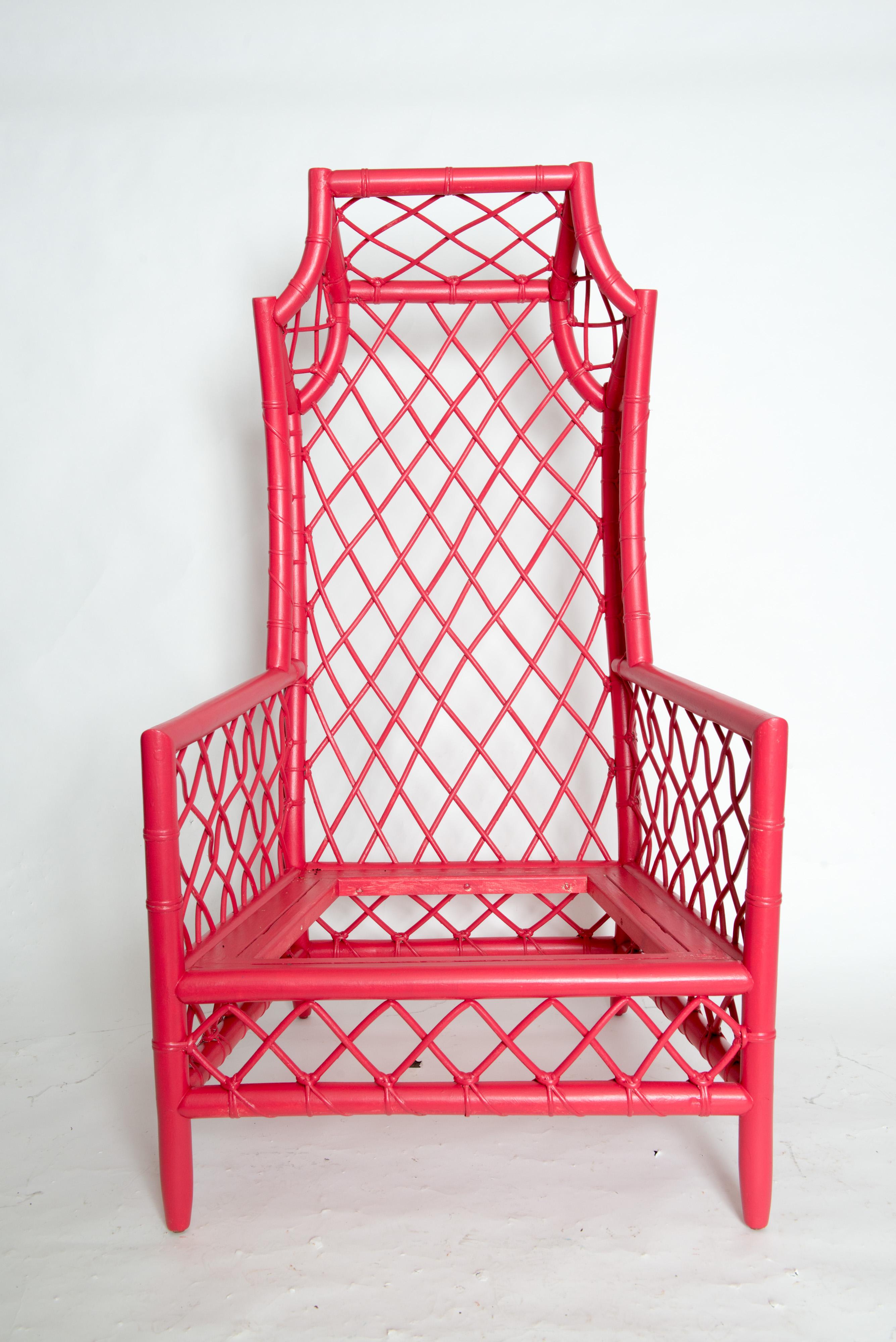 High back Chinese red rattan porter's chair or canopy chair from Miami based Empire Rattan Company. A wonderful accent chair with diamond shaped woven rattan design on front, sides, back and hood. Ready for your upholstered seat.