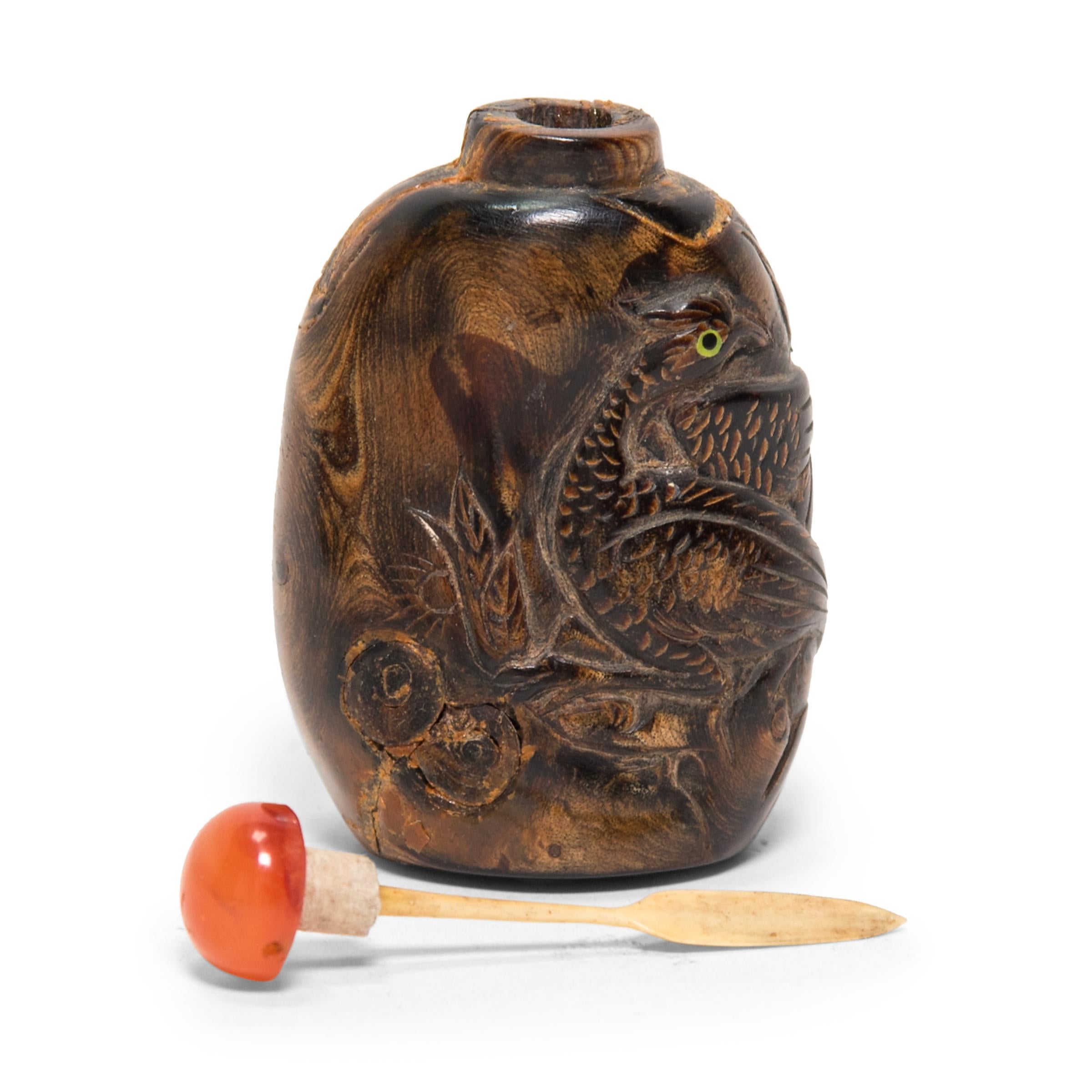 Hand-Carved Chinese Regal Pheasant Wooden Snuff Bottle