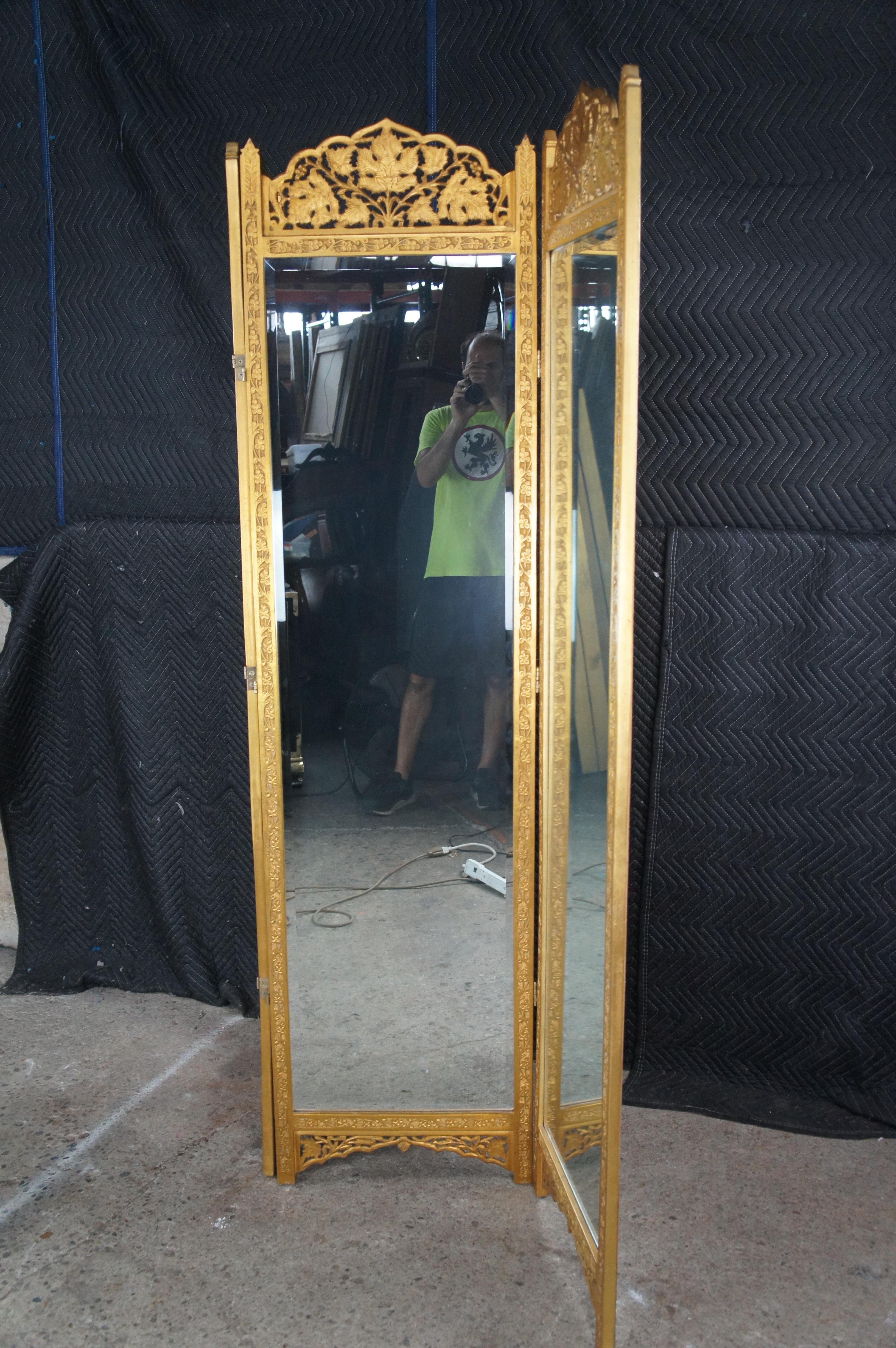 Chinese Regency Gold Reticulated Tri Fold Dressing Mirror Room Divider Screen For Sale 5