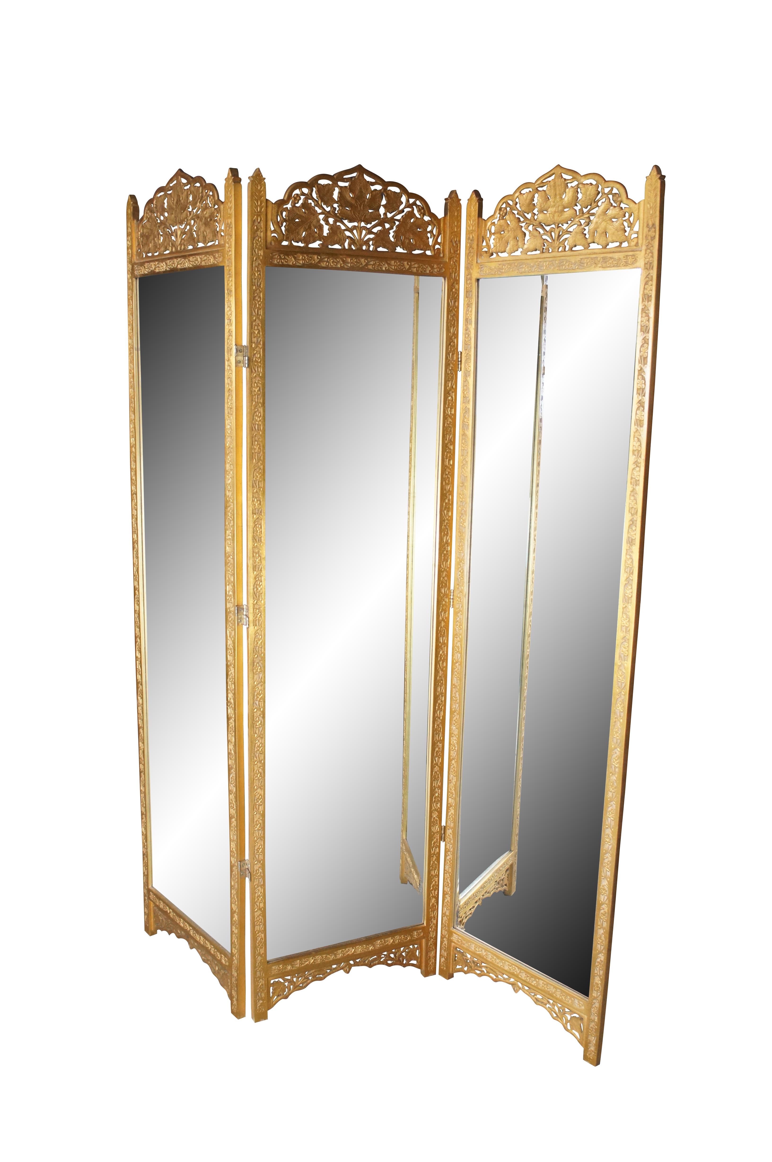 Chinoiserie Chinese Regency Gold Reticulated Tri Fold Dressing Mirror Room Divider Screen For Sale