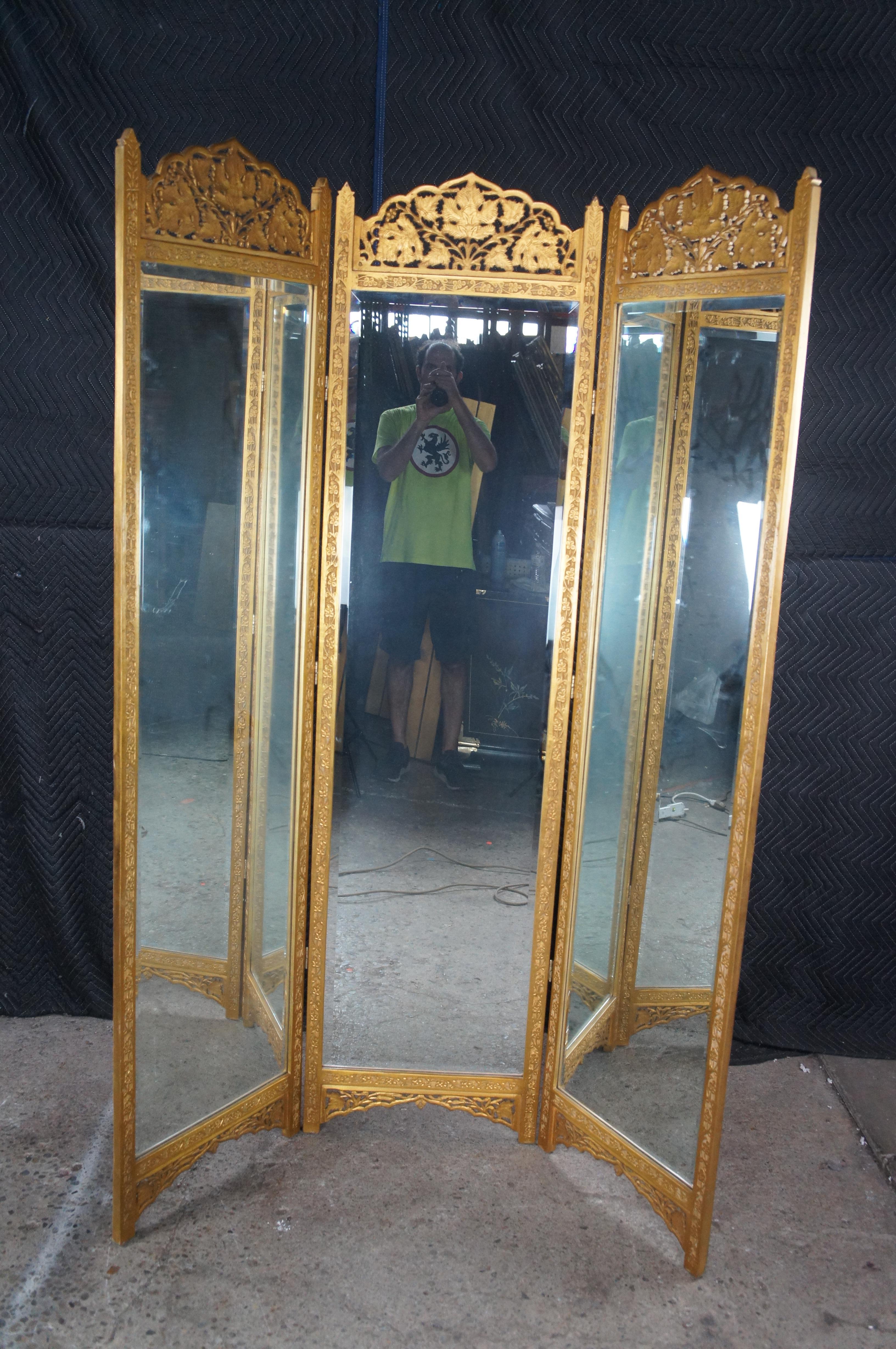 Chinese Regency Gold Reticulated Tri Fold Dressing Mirror Room Divider Screen For Sale 4