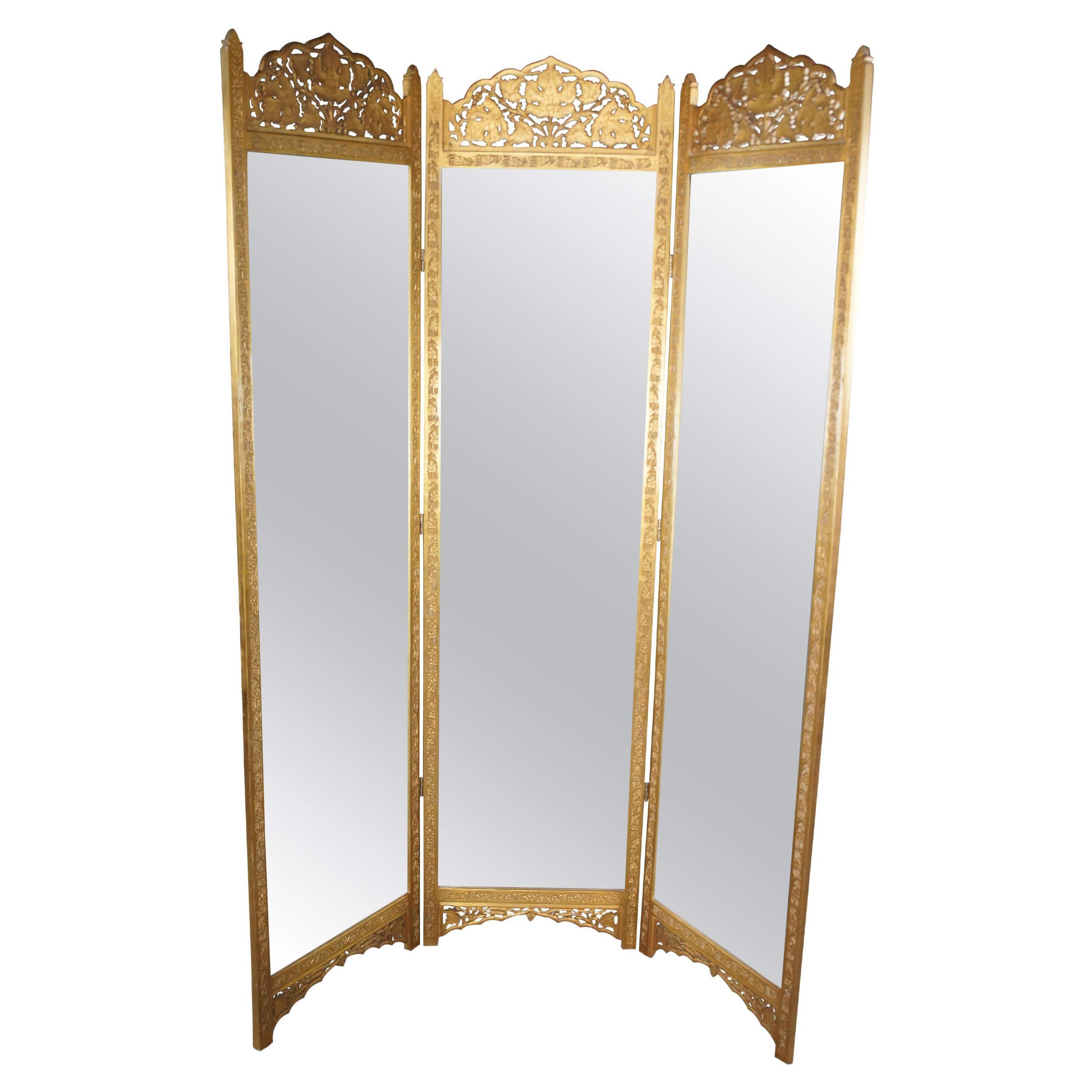 Chinese Regency Gold Reticulated Tri Fold Dressing Mirror Room Divider Screen