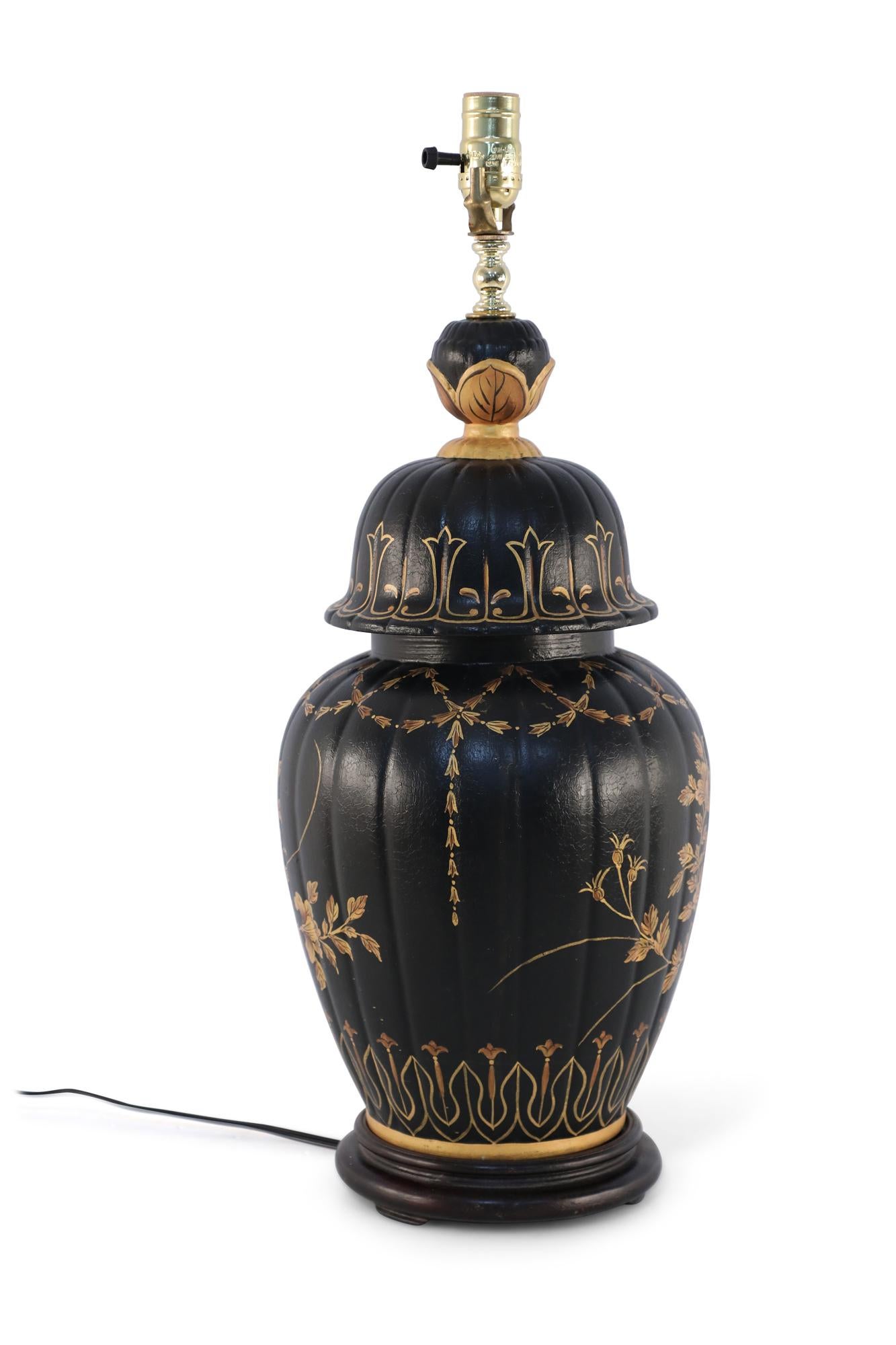 Chinese Regency Style Black and Gold Floral Lidded Urn Porcelain Table Lamp In Good Condition For Sale In New York, NY