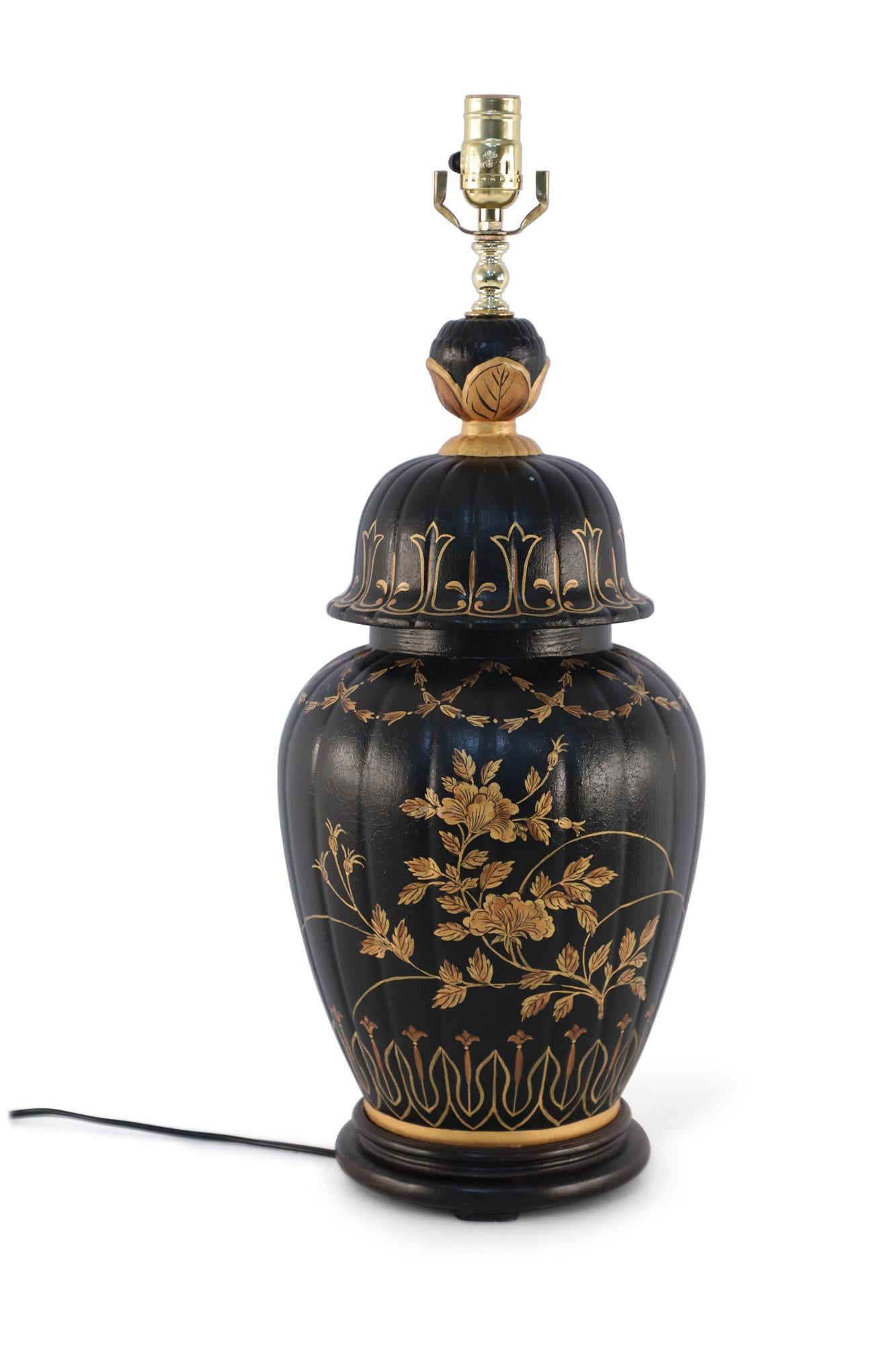 20th Century Chinese Regency Style Black and Gold Floral Lidded Urn Porcelain Table Lamp For Sale