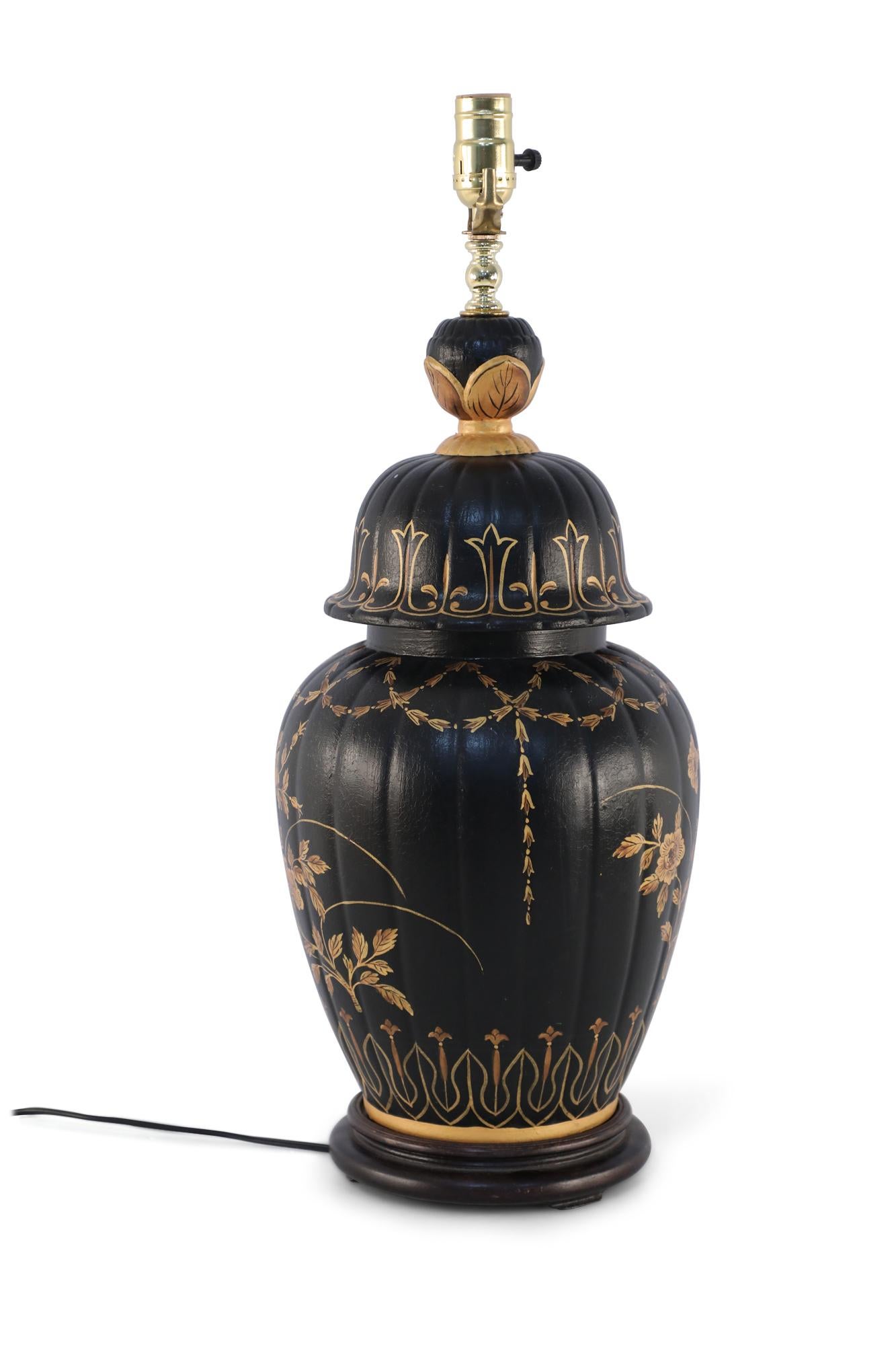 Chinese Regency Style Black and Gold Floral Lidded Urn Porcelain Table Lamp For Sale 1