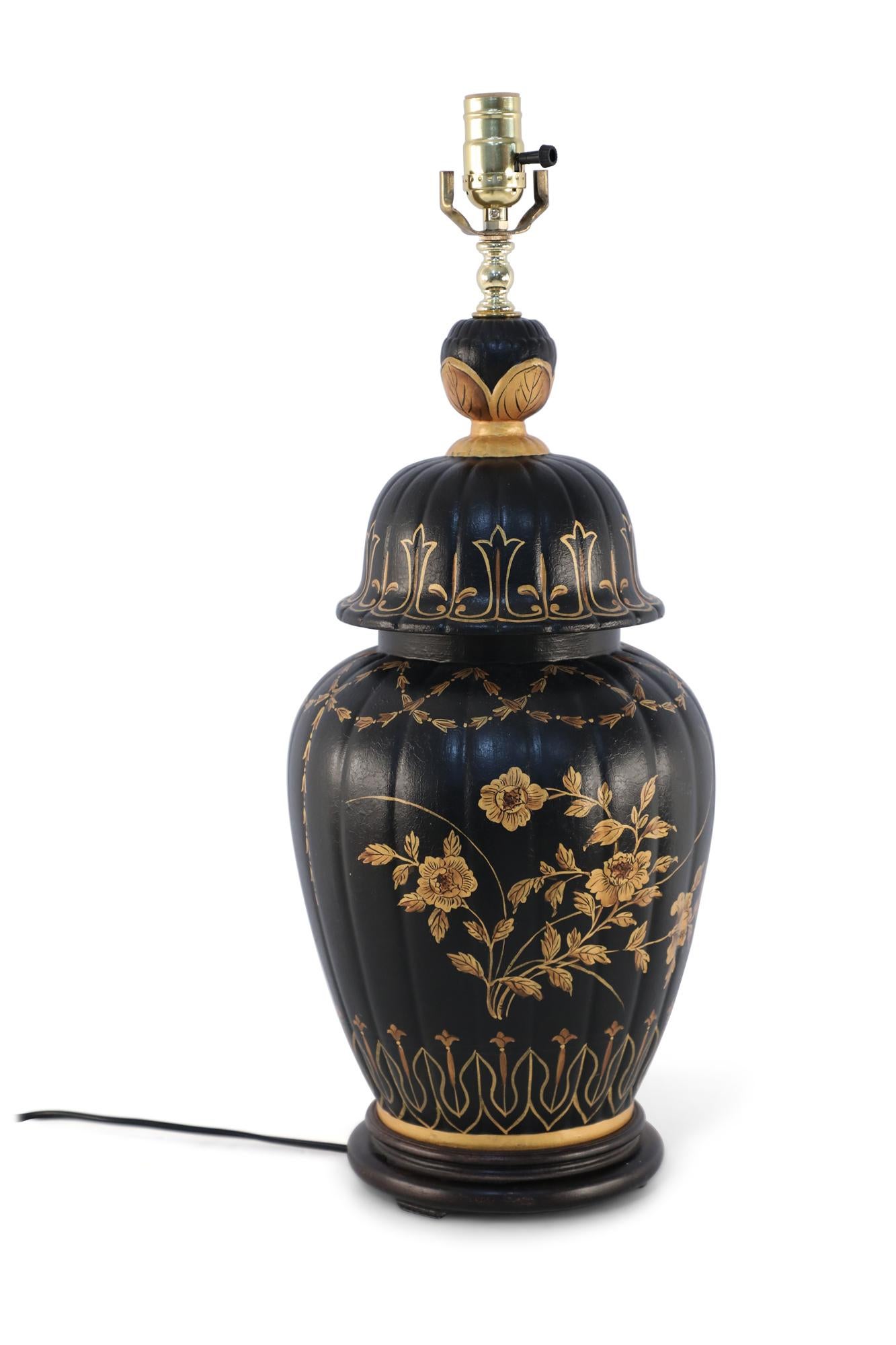 Chinese Regency Style Black and Gold Floral Lidded Urn Porcelain Table Lamp For Sale 2