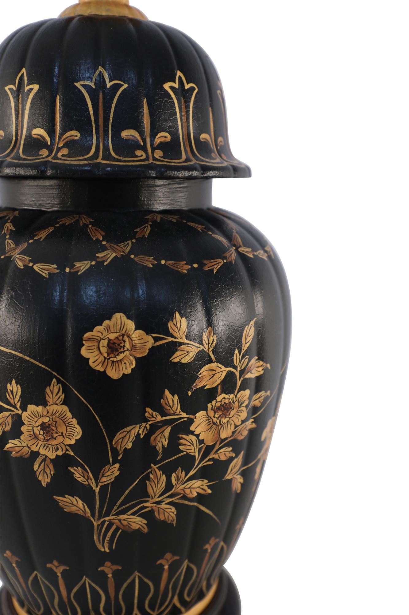 Chinese Regency Style Black and Gold Floral Lidded Urn Porcelain Table Lamp For Sale 4