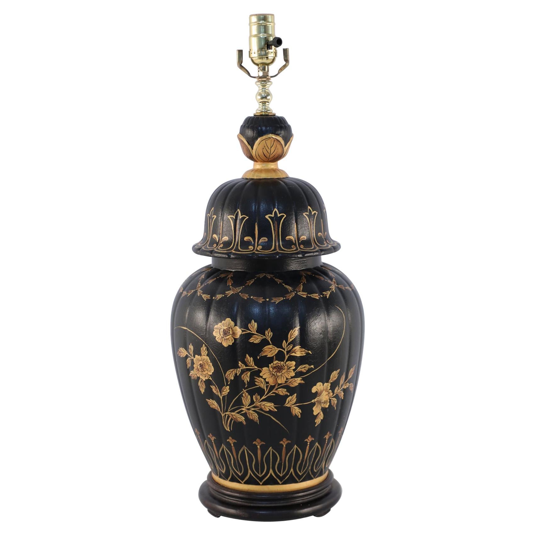 Chinese Regency Style Black and Gold Floral Lidded Urn Porcelain Table Lamp