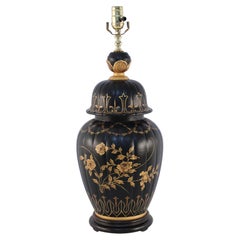 Vintage Chinese Regency Style Black and Gold Floral Lidded Urn Porcelain Table Lamp