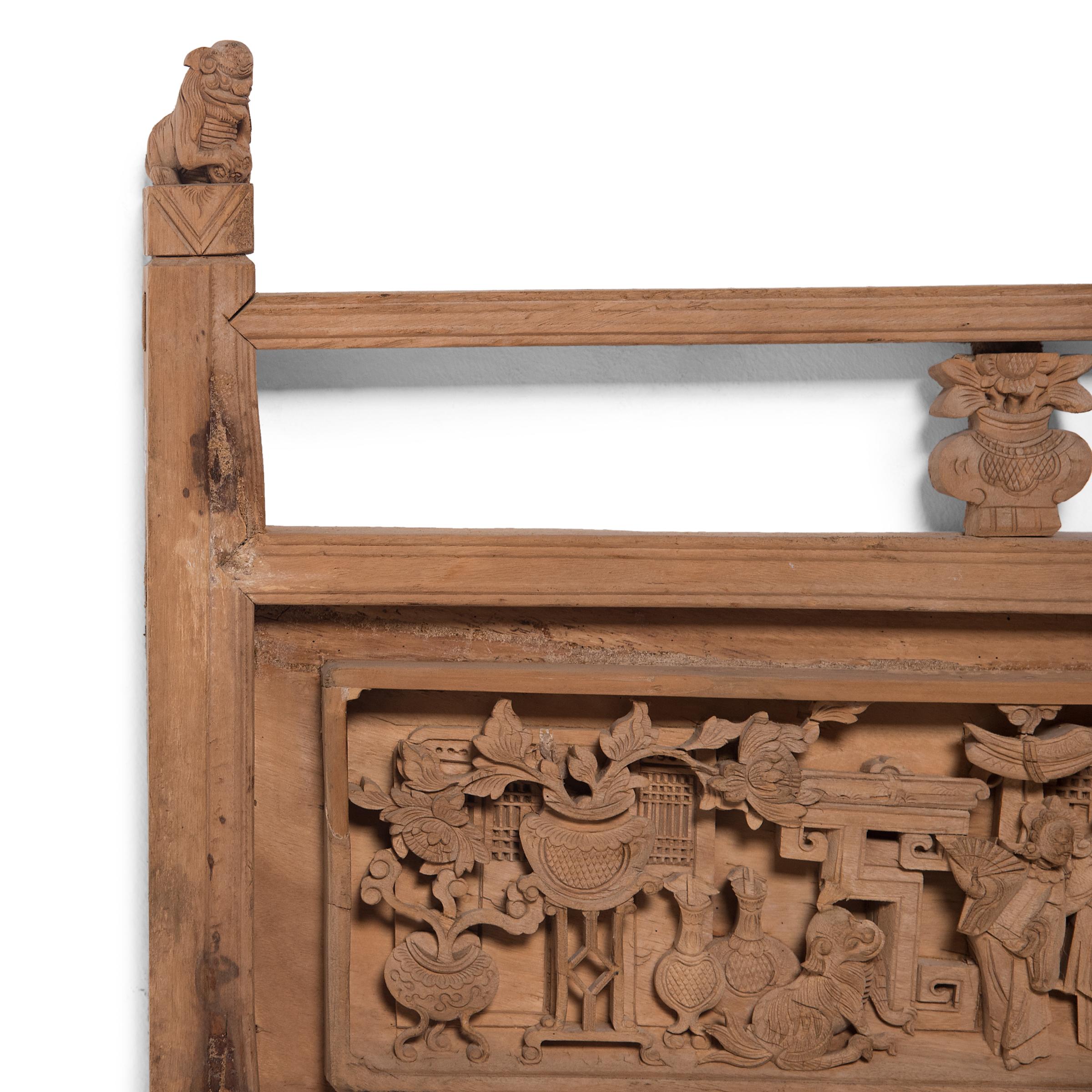 19th Century Pair of Chinese Relief Carved Daybed Panels, c. 1850 For Sale