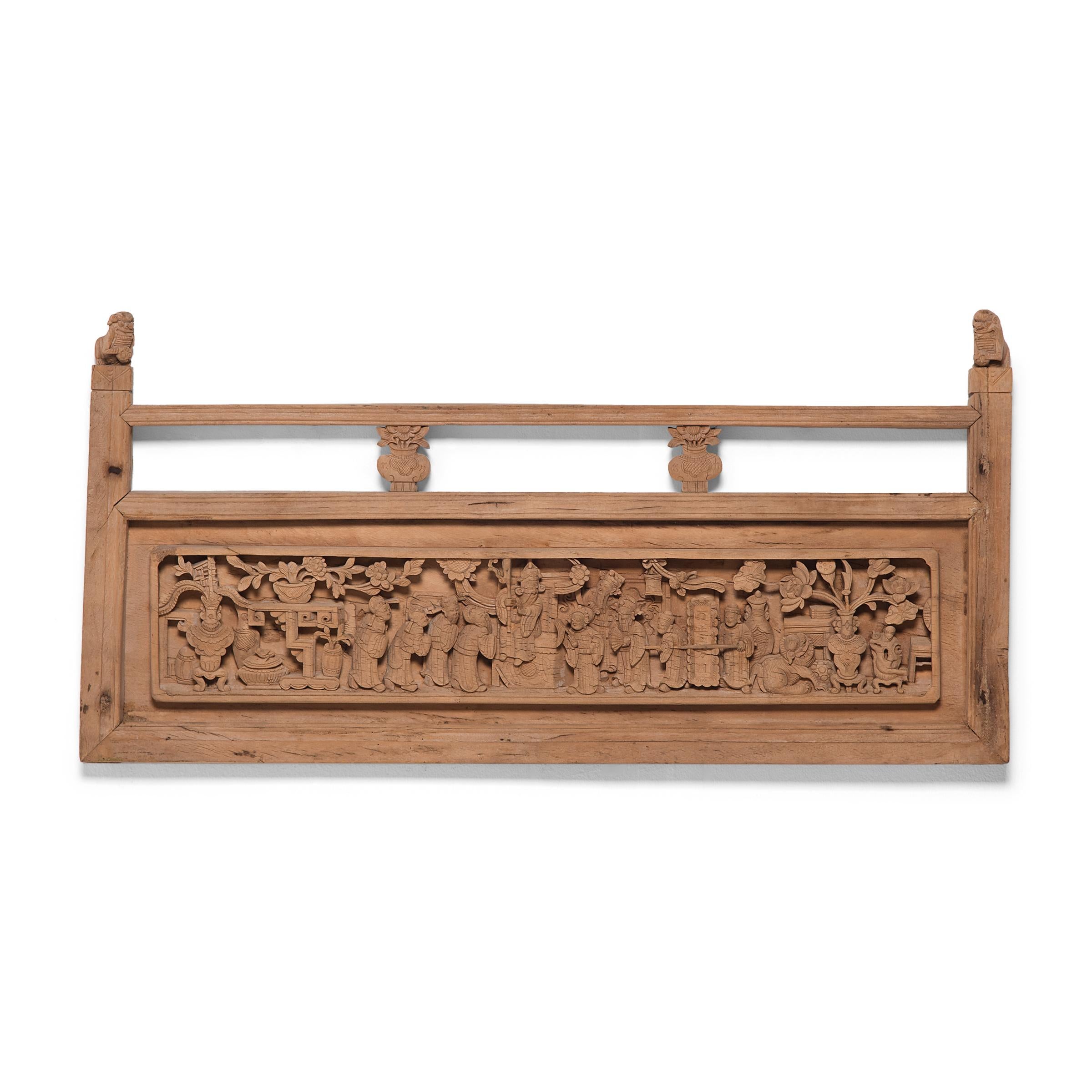 Elm Pair of Chinese Relief Carved Daybed Panels, c. 1850 For Sale