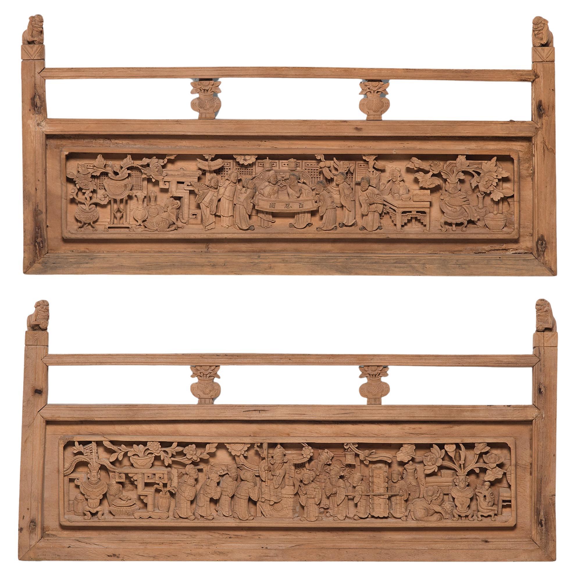 Pair of Chinese Relief Carved Daybed Panels, c. 1850 For Sale