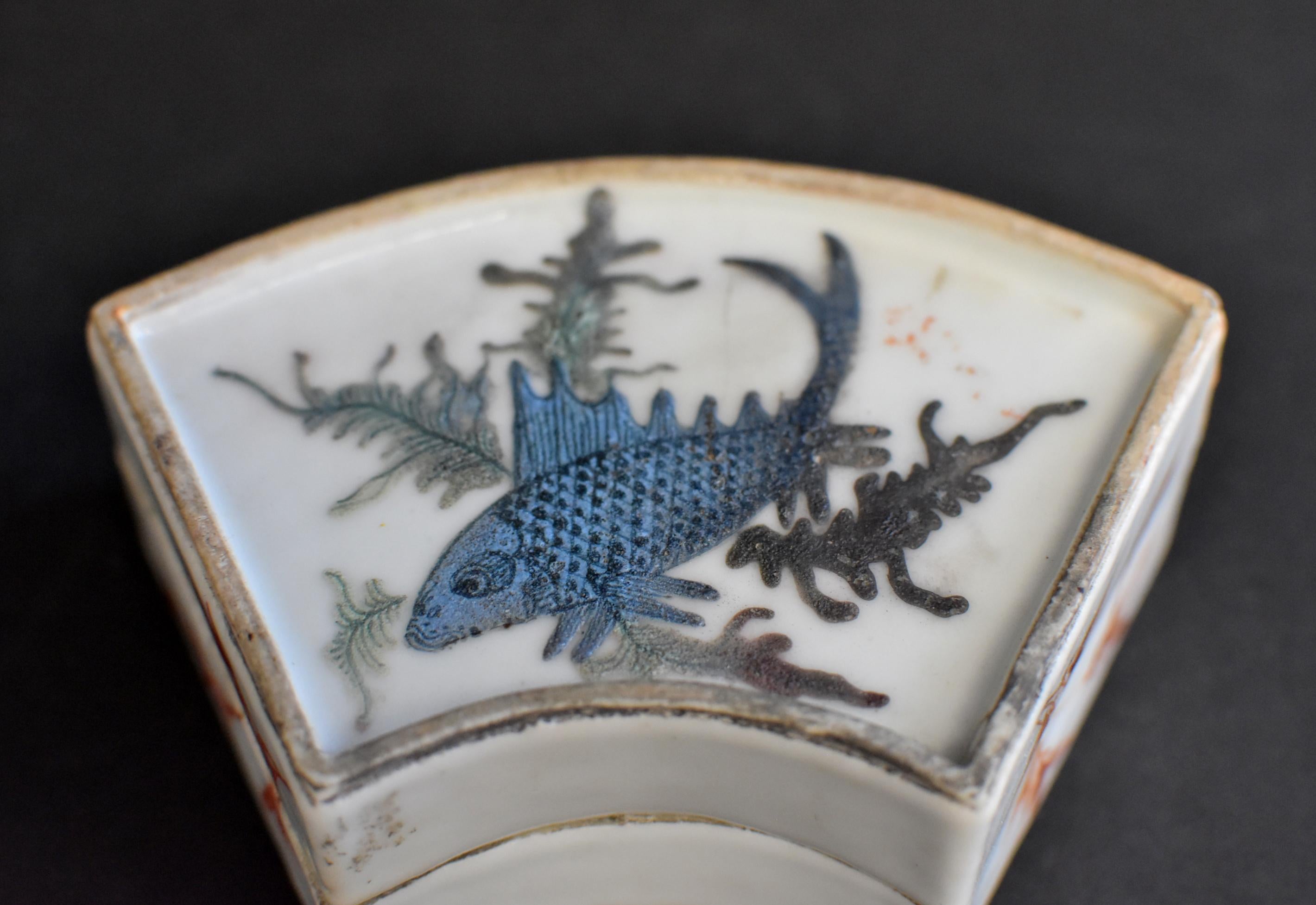Chinese Republic Porcelain Box Blue Koi Hand Painted 8