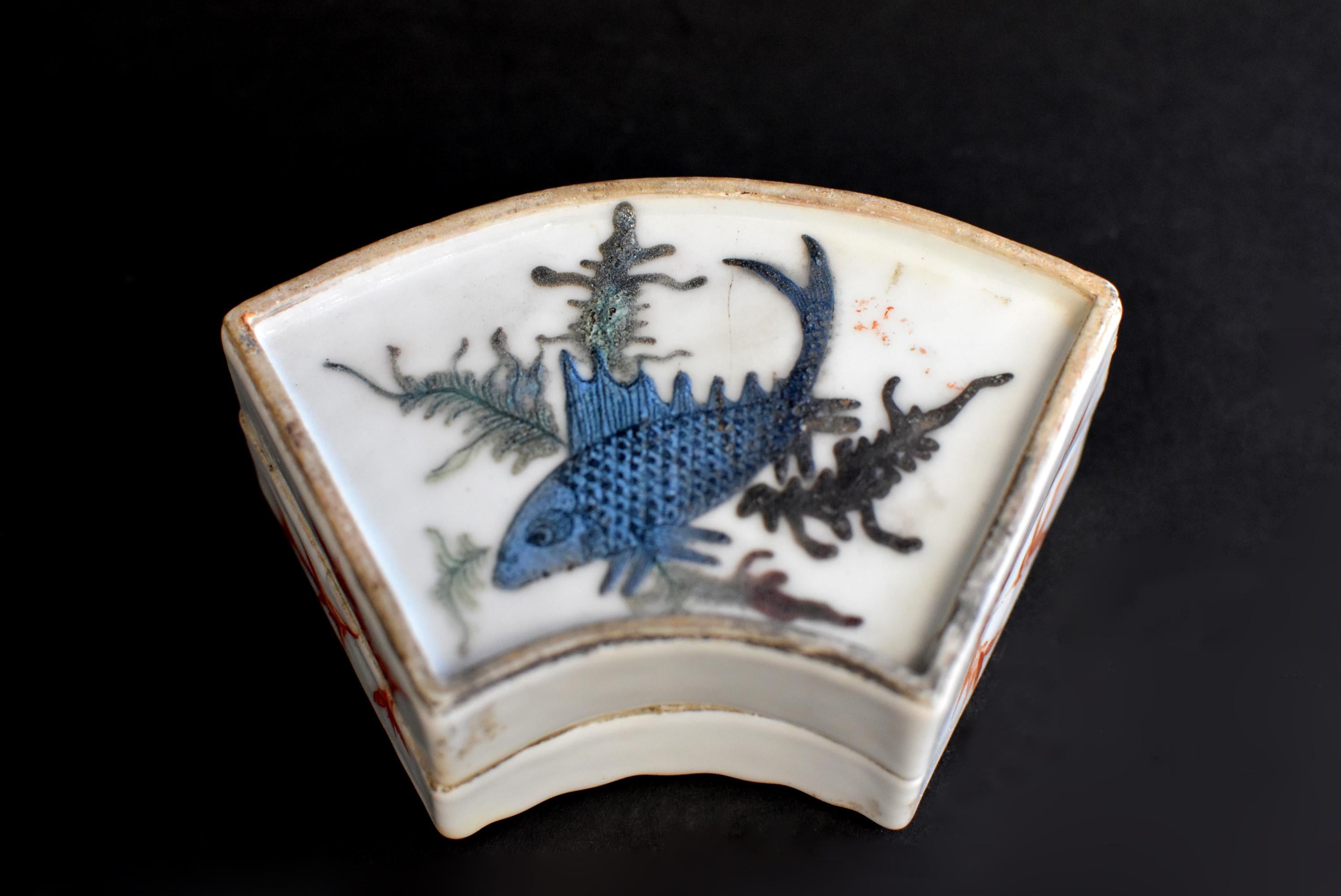 Chinese Republic Porcelain Box Blue Koi Hand Painted In Good Condition In Somis, CA