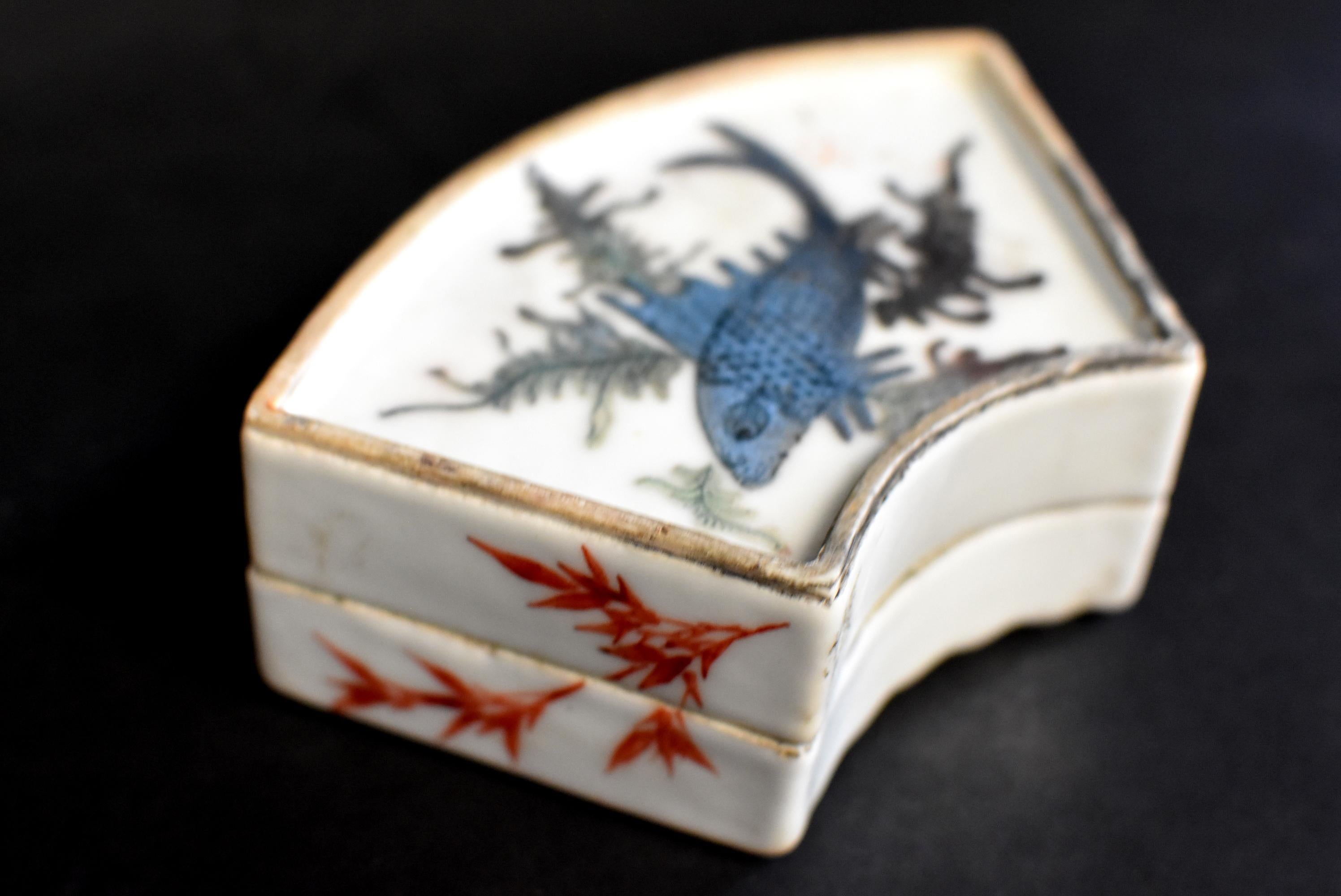 20th Century Chinese Republic Porcelain Box Blue Koi Hand Painted