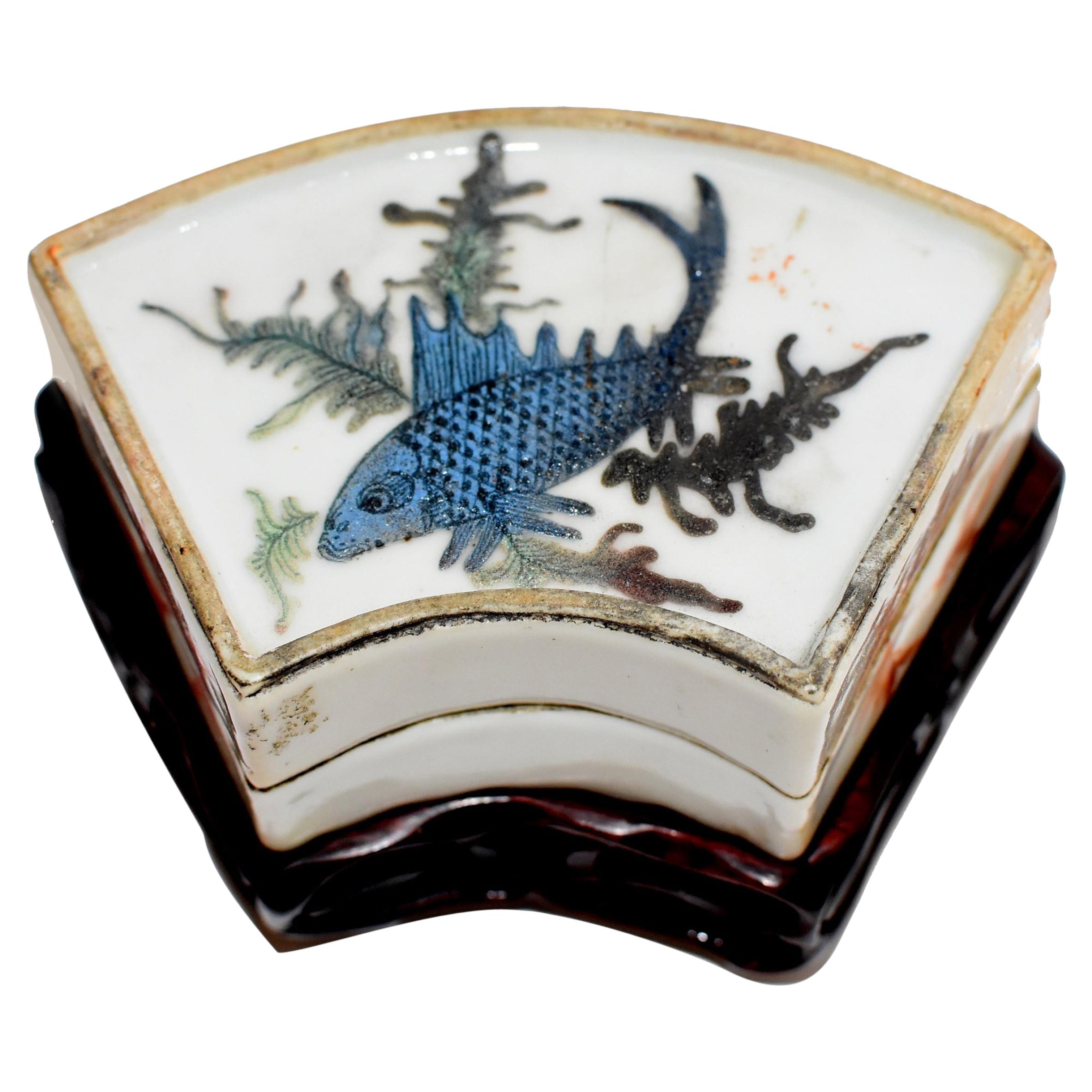 Chinese Republic Porcelain Box Blue Koi Hand Painted