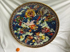 Chinese Republic Nine Dragon Cloisonne Enamel Brass Charger of Monumental Scale