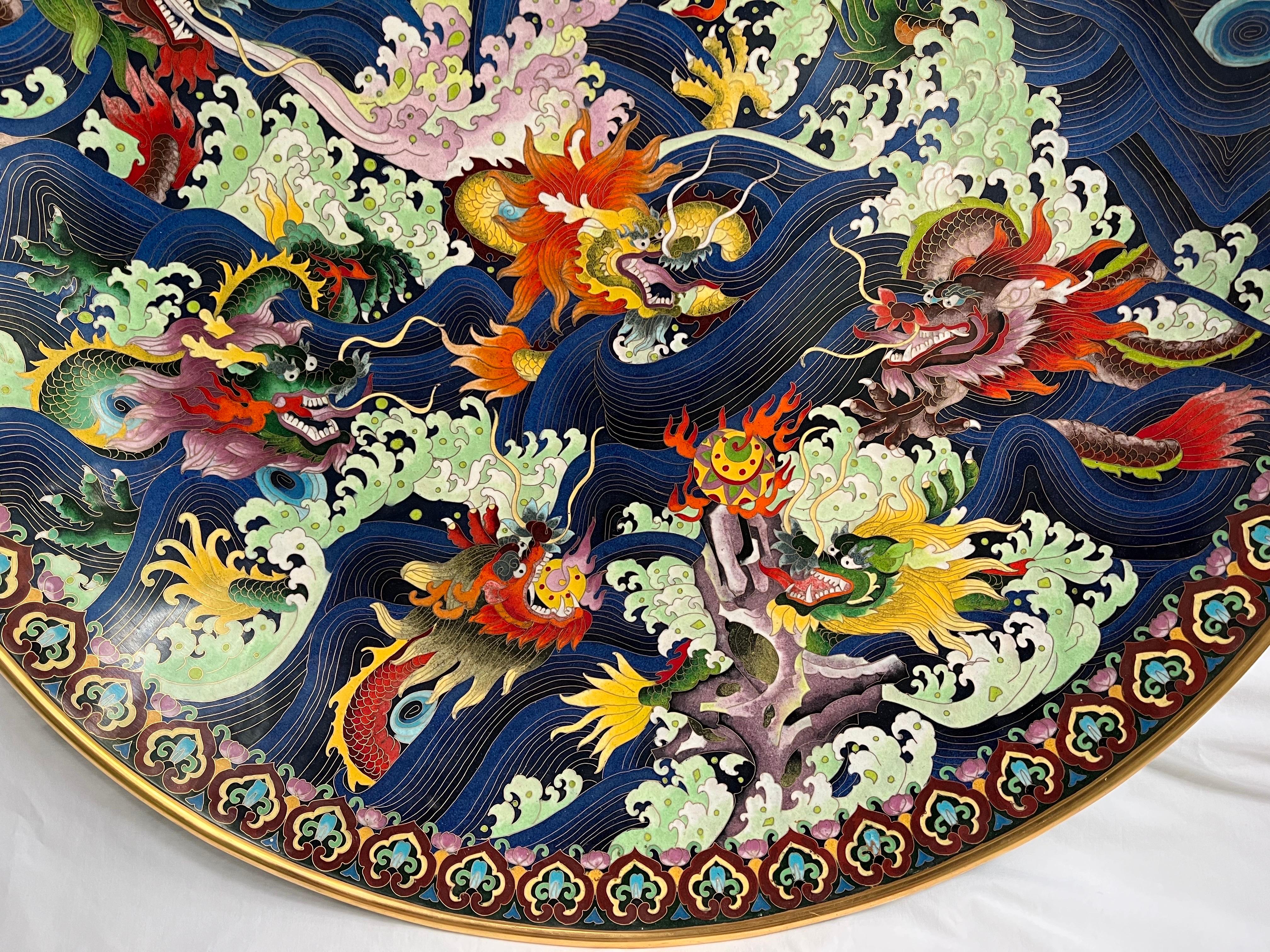 Chinese Republic Nine Dragon Cloisonne Enamel Brass Charger of Monumental Scale 2