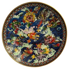 Chinese Republic Nine Dragon Cloisonne Enamel Brass Charger of Monumental Scale