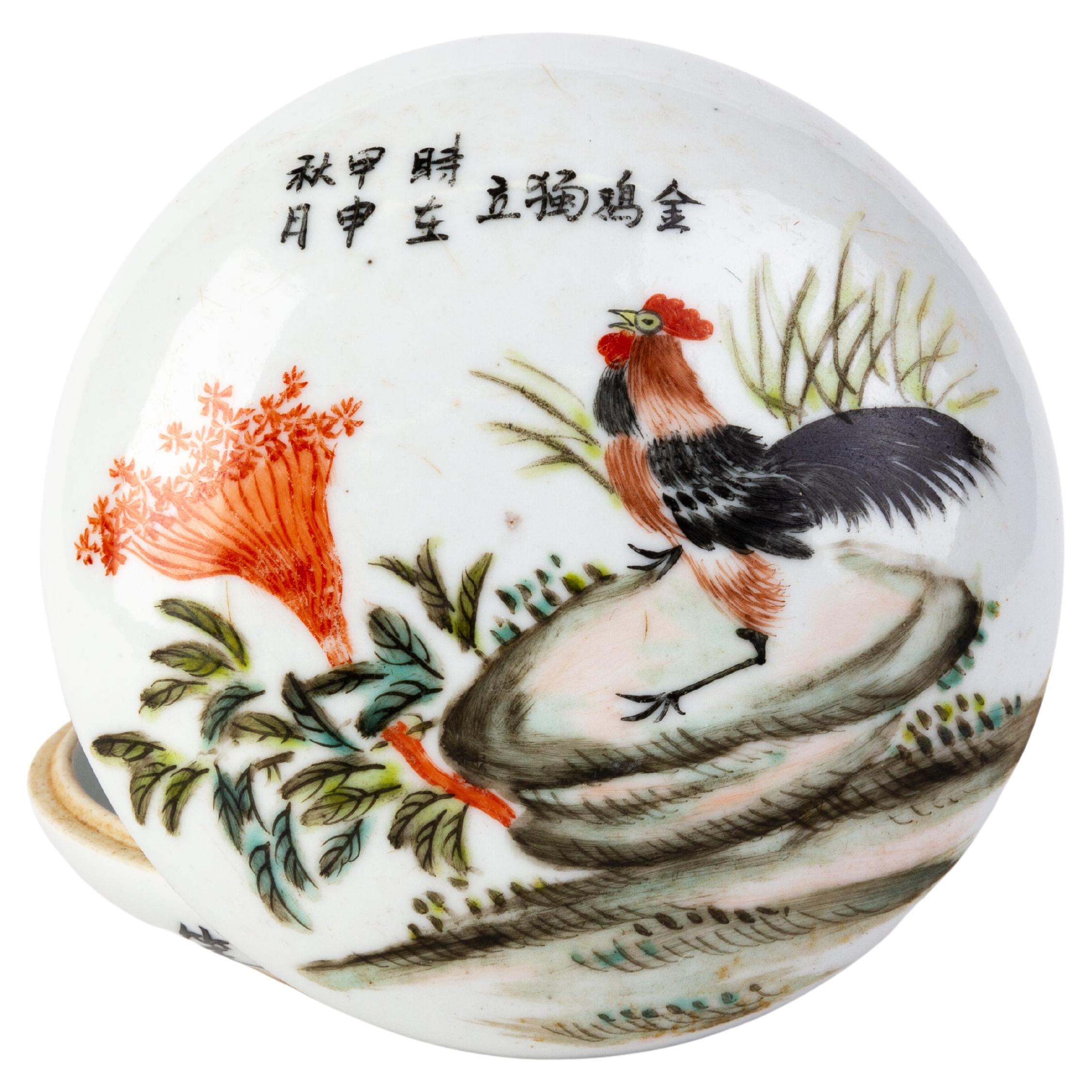 Chinese Republic Period Cockerel Porcelain Lidded Box  For Sale