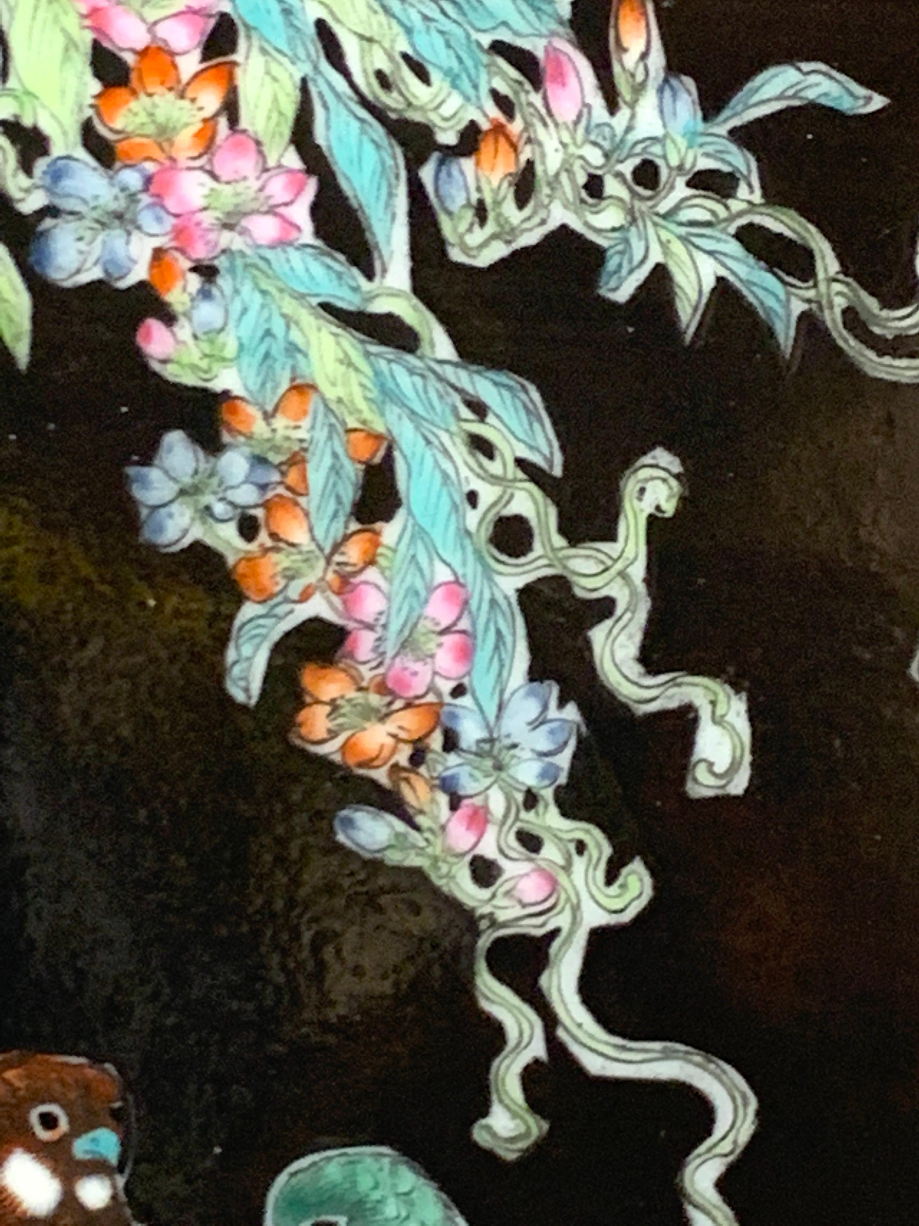 20th Century Chinese Republic Period Famille Noire Porcelain Plaque Painted with Parrots For Sale
