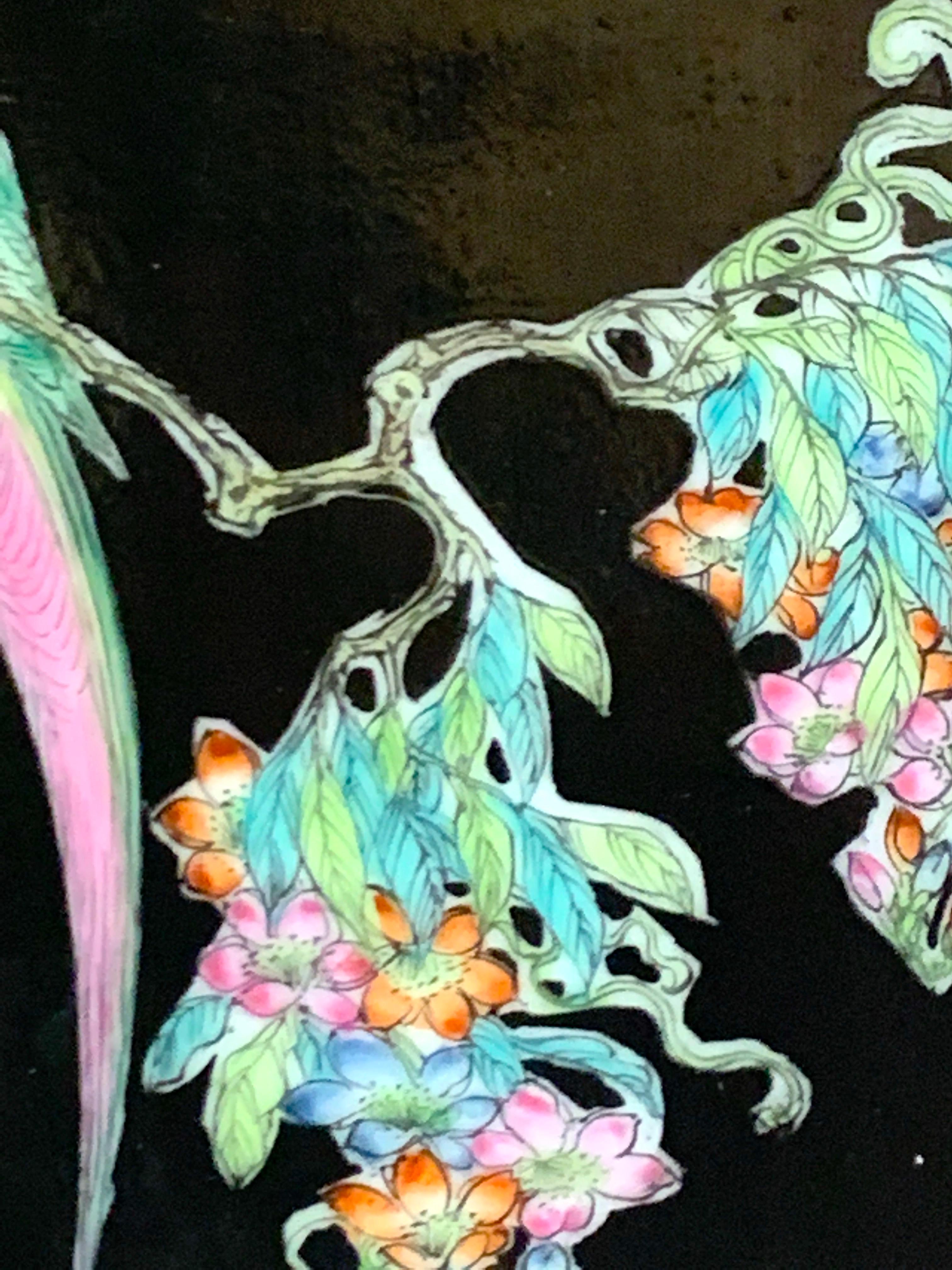Brass Chinese Republic Period Famille Noire Porcelain Plaque Painted with Parrots For Sale