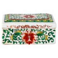 Antique Chinese Republic Period Famille Verte Porcelain Lidded Rectangular Trinket Box 