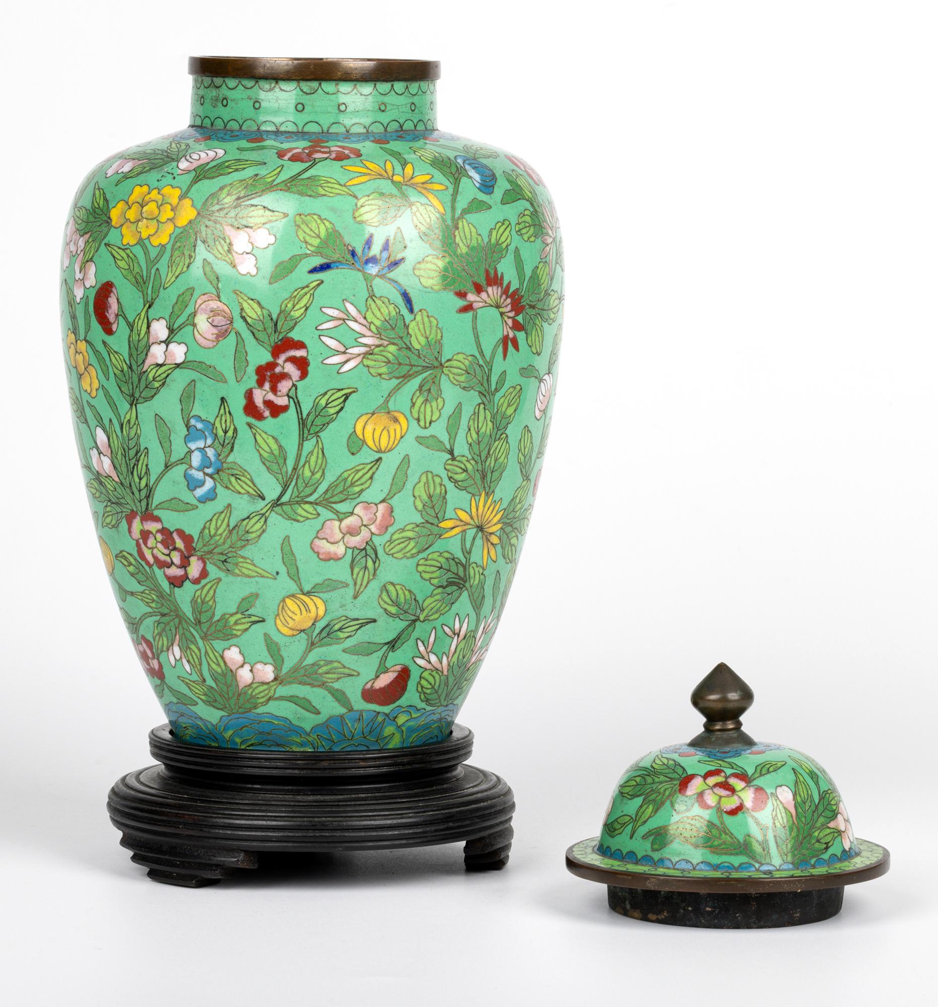 Chinese Republic Period Floral Cloisonne Lidded Jar & Stand 9