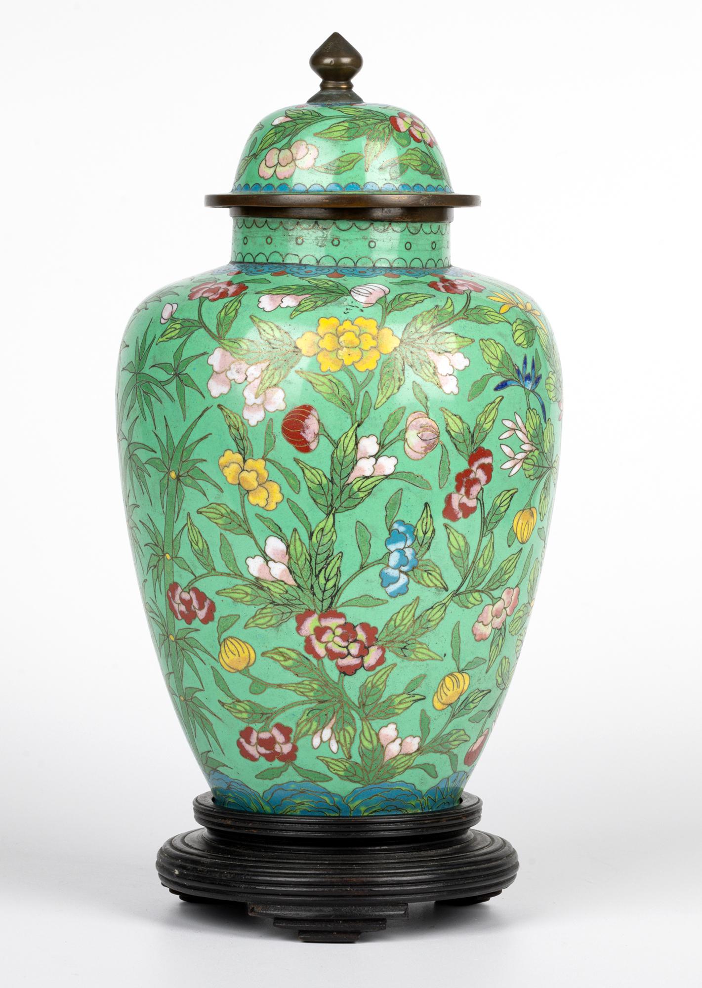 Chinese Republic Period Floral Cloisonne Lidded Jar & Stand 13