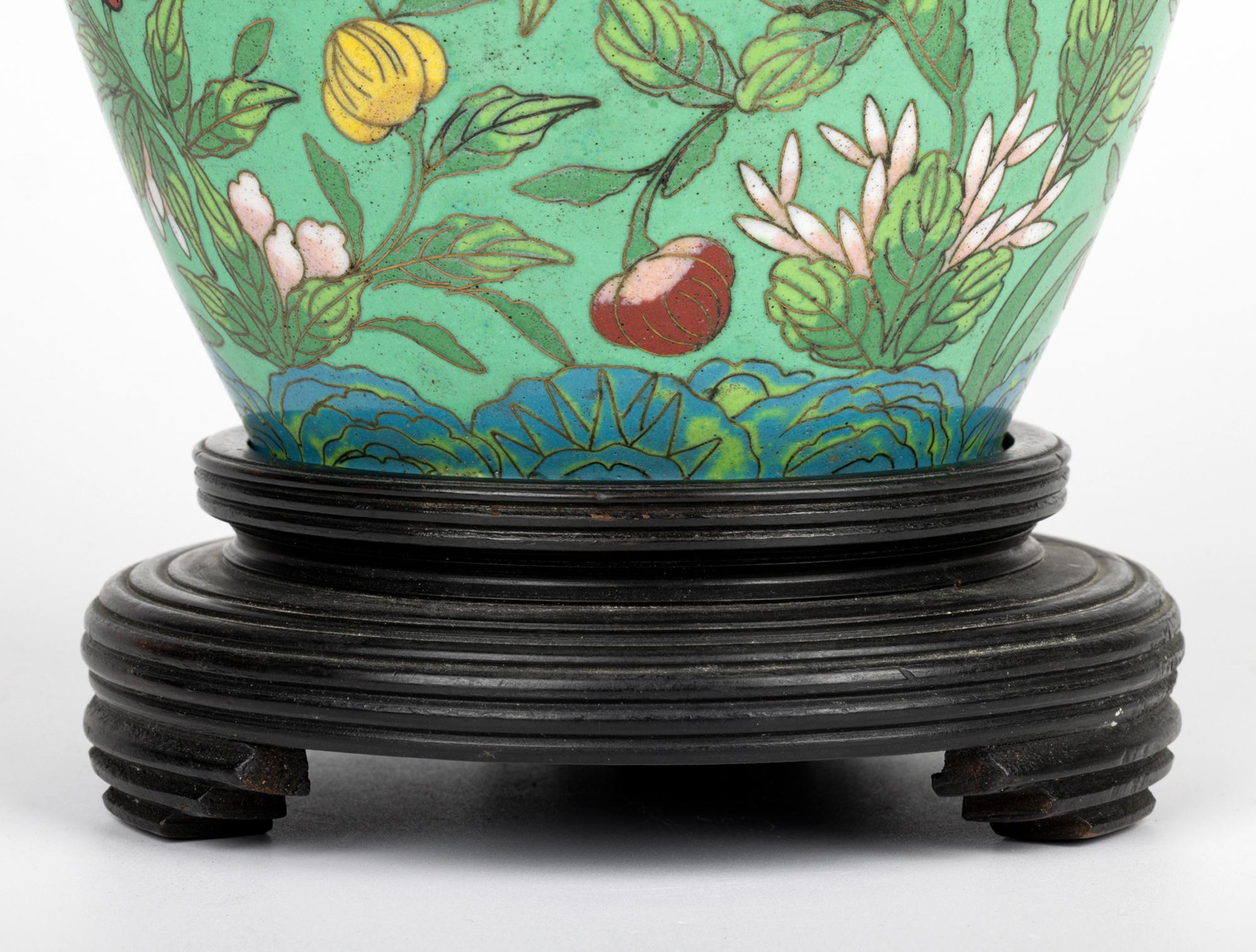 Chinoiserie Chinese Republic Period Floral Cloisonne Lidded Jar & Stand