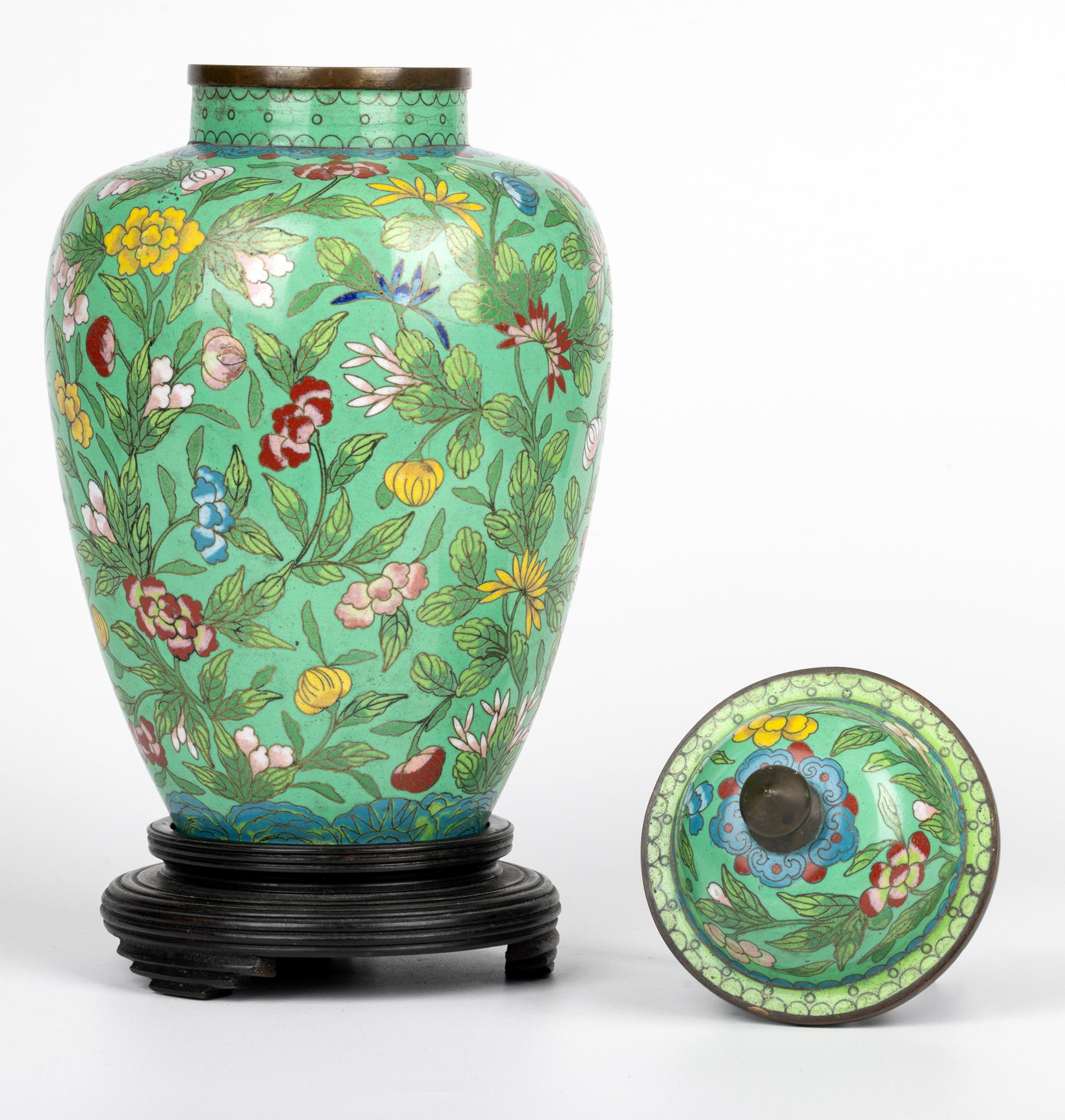Brass Chinese Republic Period Floral Cloisonne Lidded Jar & Stand