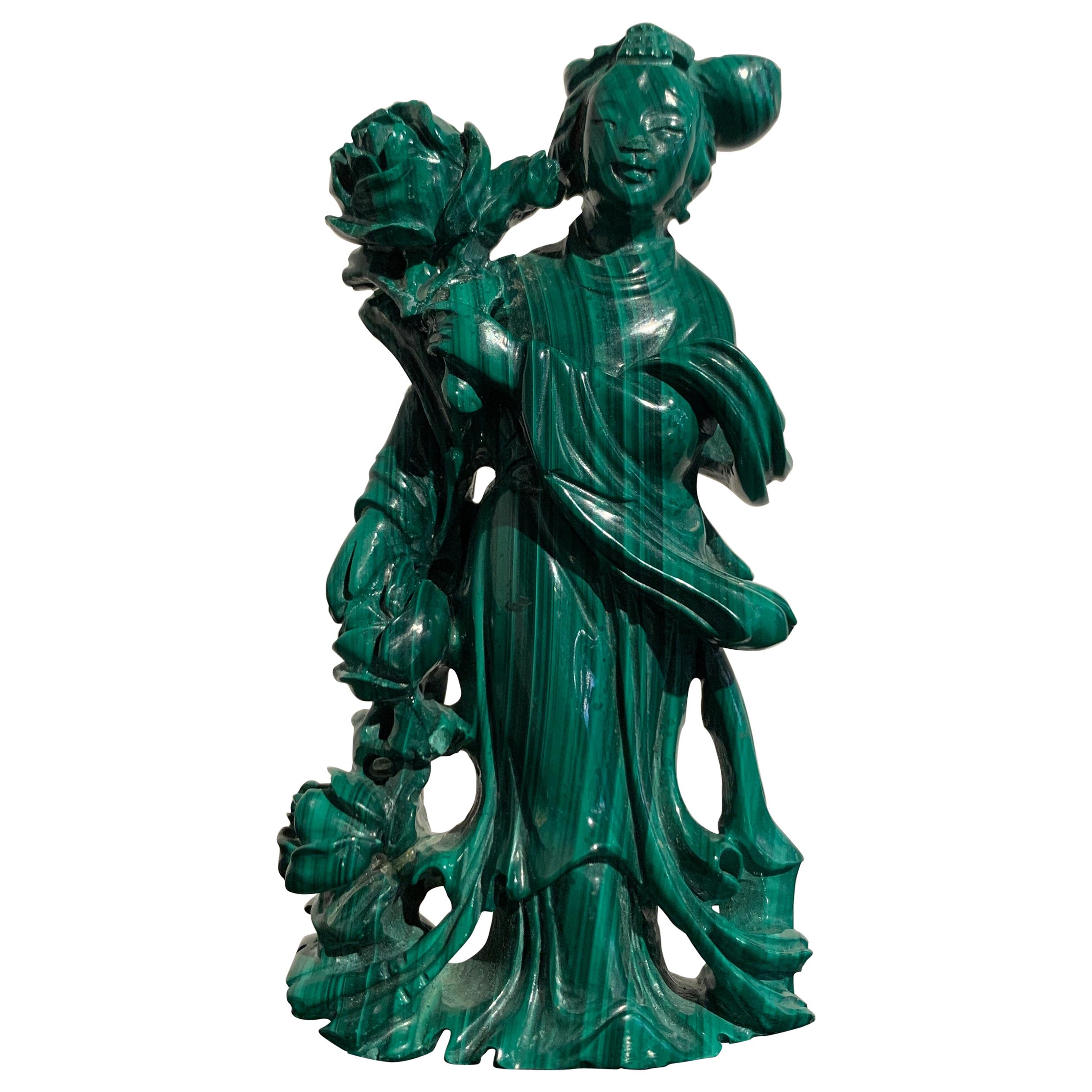 Chinese Republic Period Malachite Carving of a Beauty, Meiren Early 20th Century