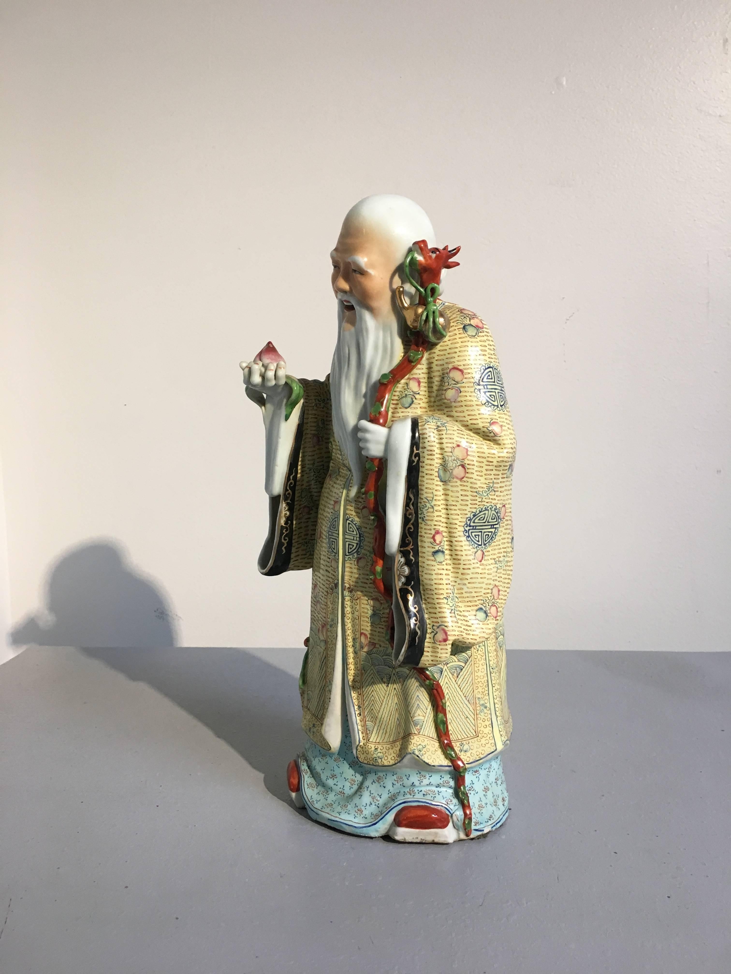 Porzellanfigur des Shouxing, dem Gott des langen Lebens, aus der Zeit der chinesischen Republik (Chinesisch) im Angebot