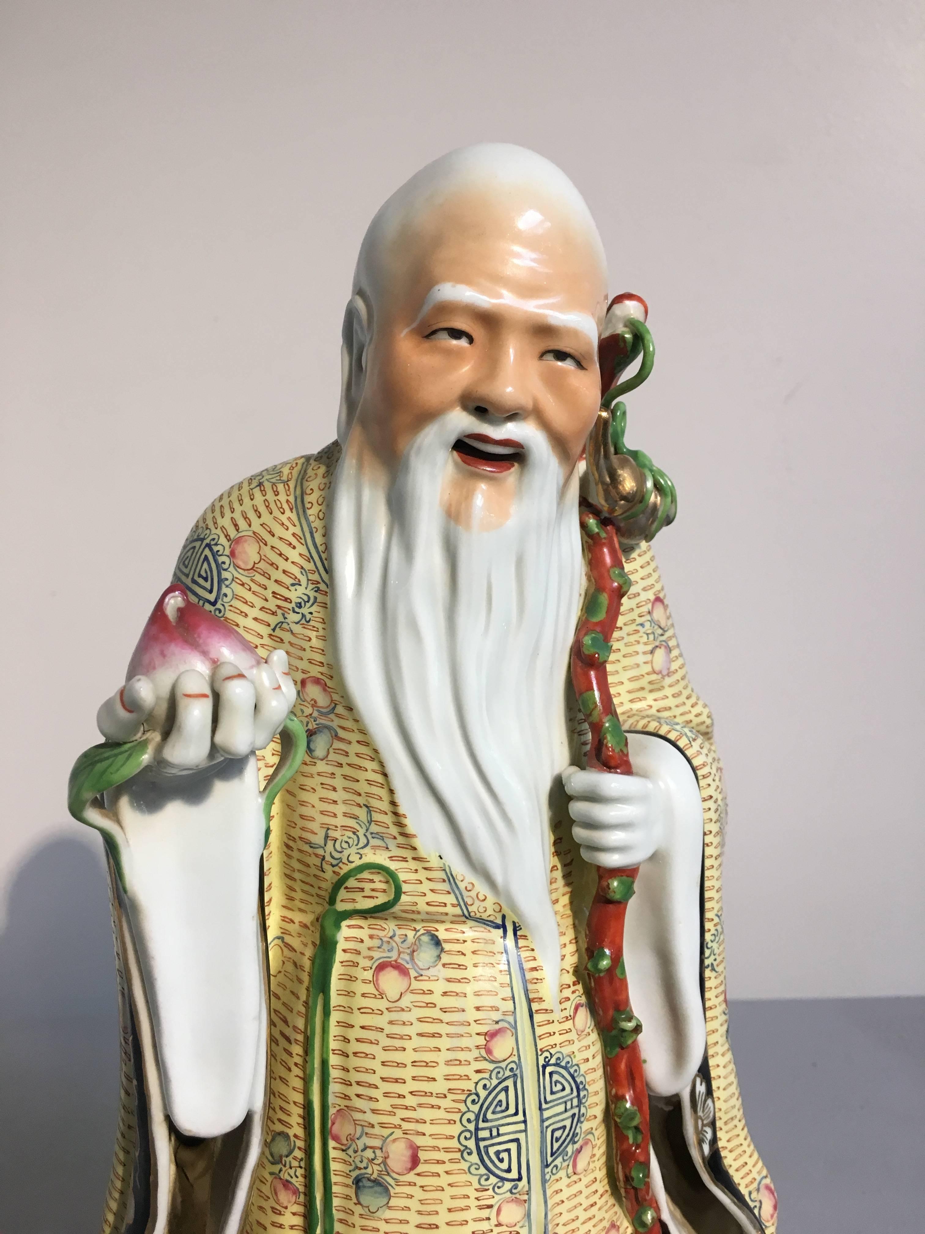 Qing Chinese Republic Period Porcelain Figure of Shouxing, the God of Longevity For Sale