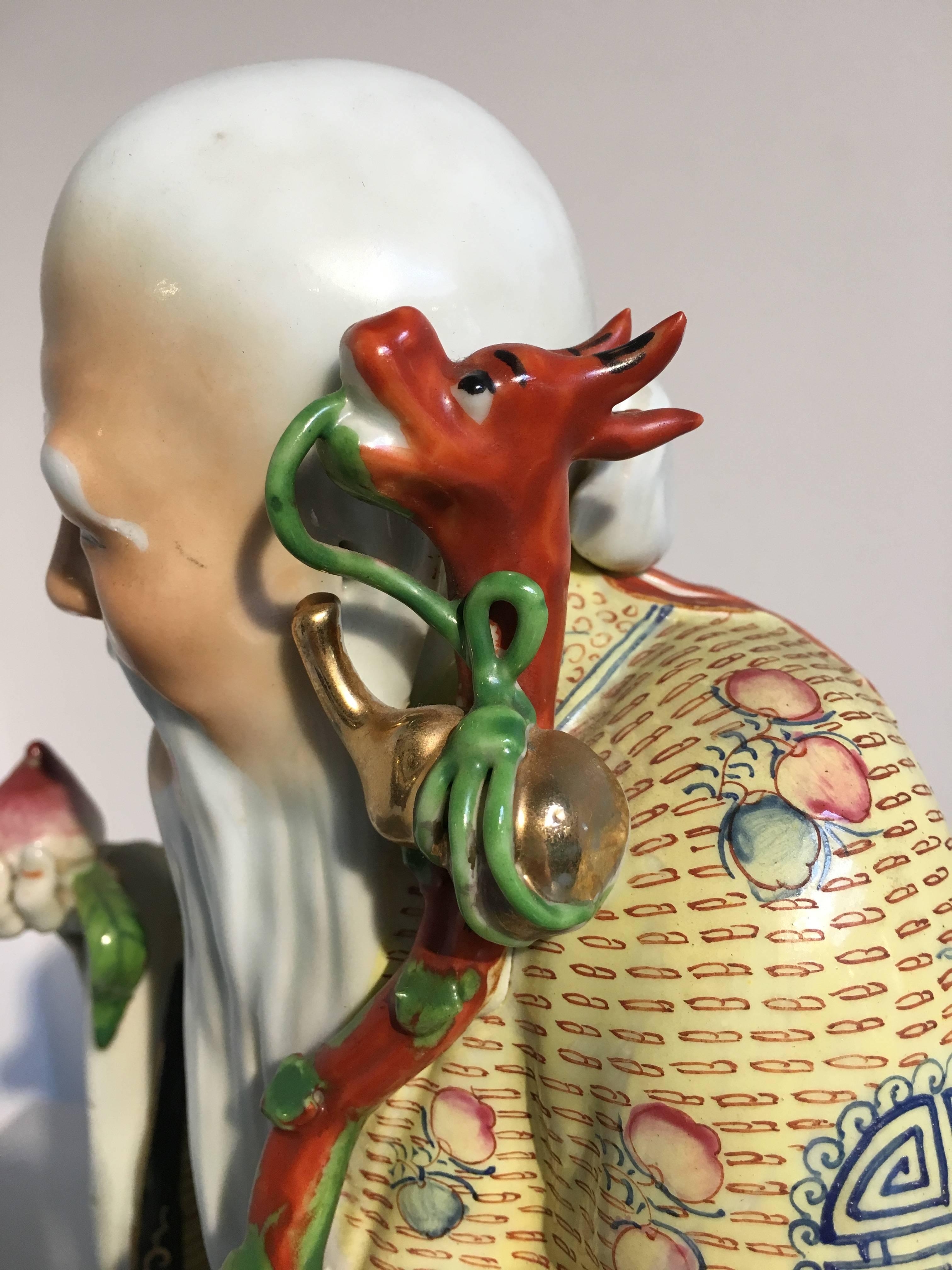 Hand-Painted Chinese Republic Period Porcelain Figure of Shouxing, the God of Longevity For Sale