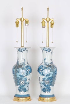 Marbro Chinese Republic Vase Table Lamps with Peacocks on Giltwood Bases