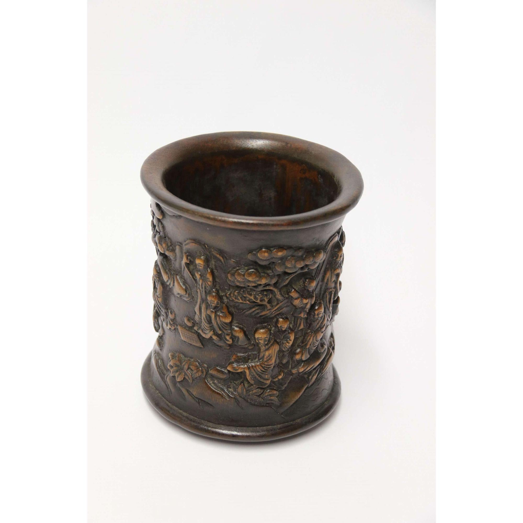 Chinese Republican Period Carved Bamboo and Hardwood Brush Pot, circa 1920 For Sale 1