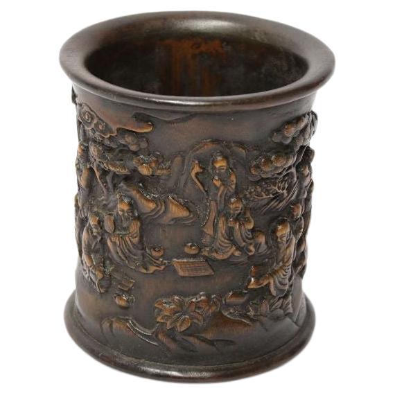 Chinese Republican Period Carved Bamboo and Hardwood Brush Pot, circa 1920 For Sale