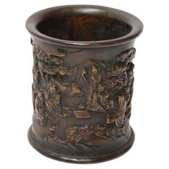 Chinese Republican Period Carved Bamboo and Hardwood Brush Pot, circa 1920