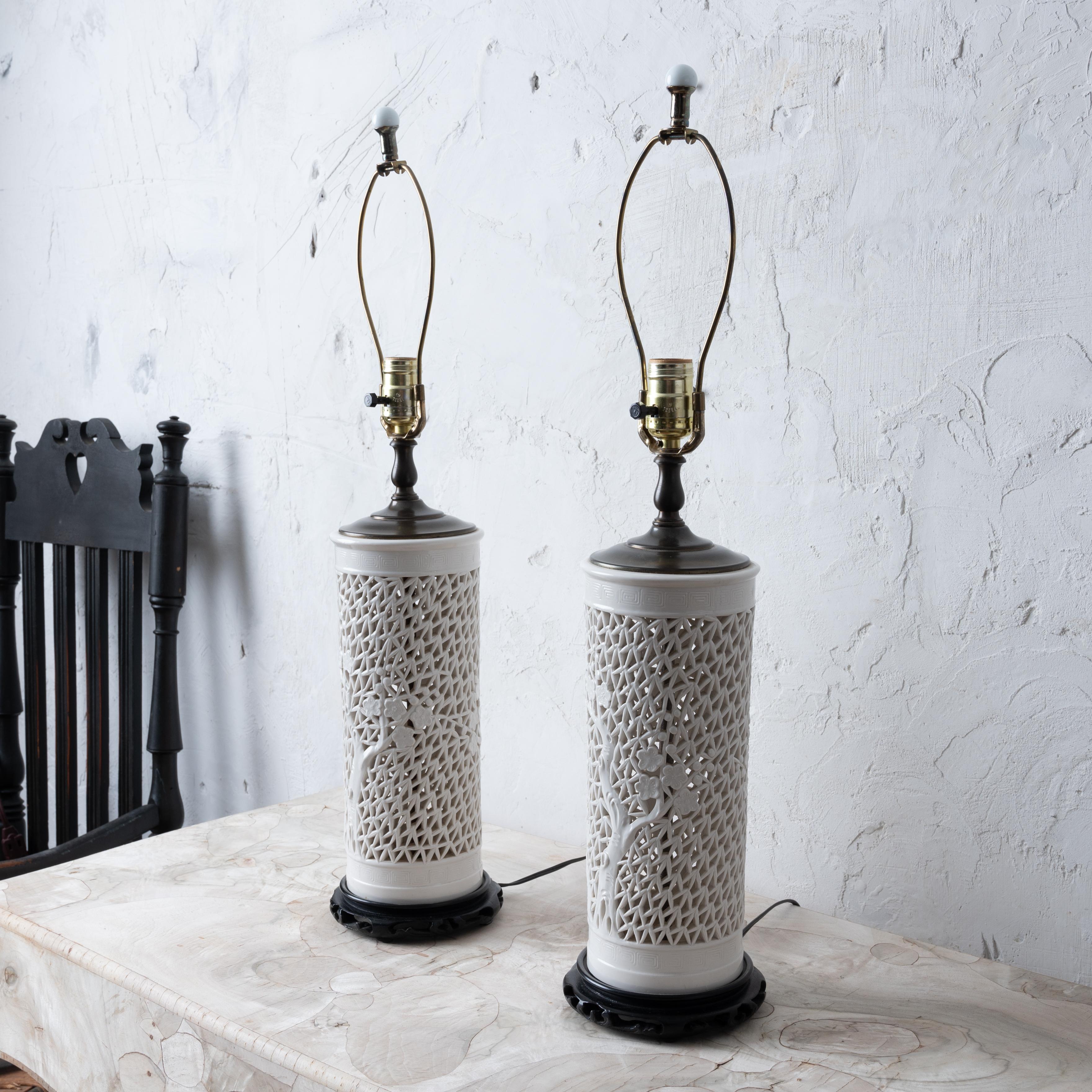 Mid-Century Modern Chinese Reticulated Blanc de Chine Lamps - A Pair For Sale