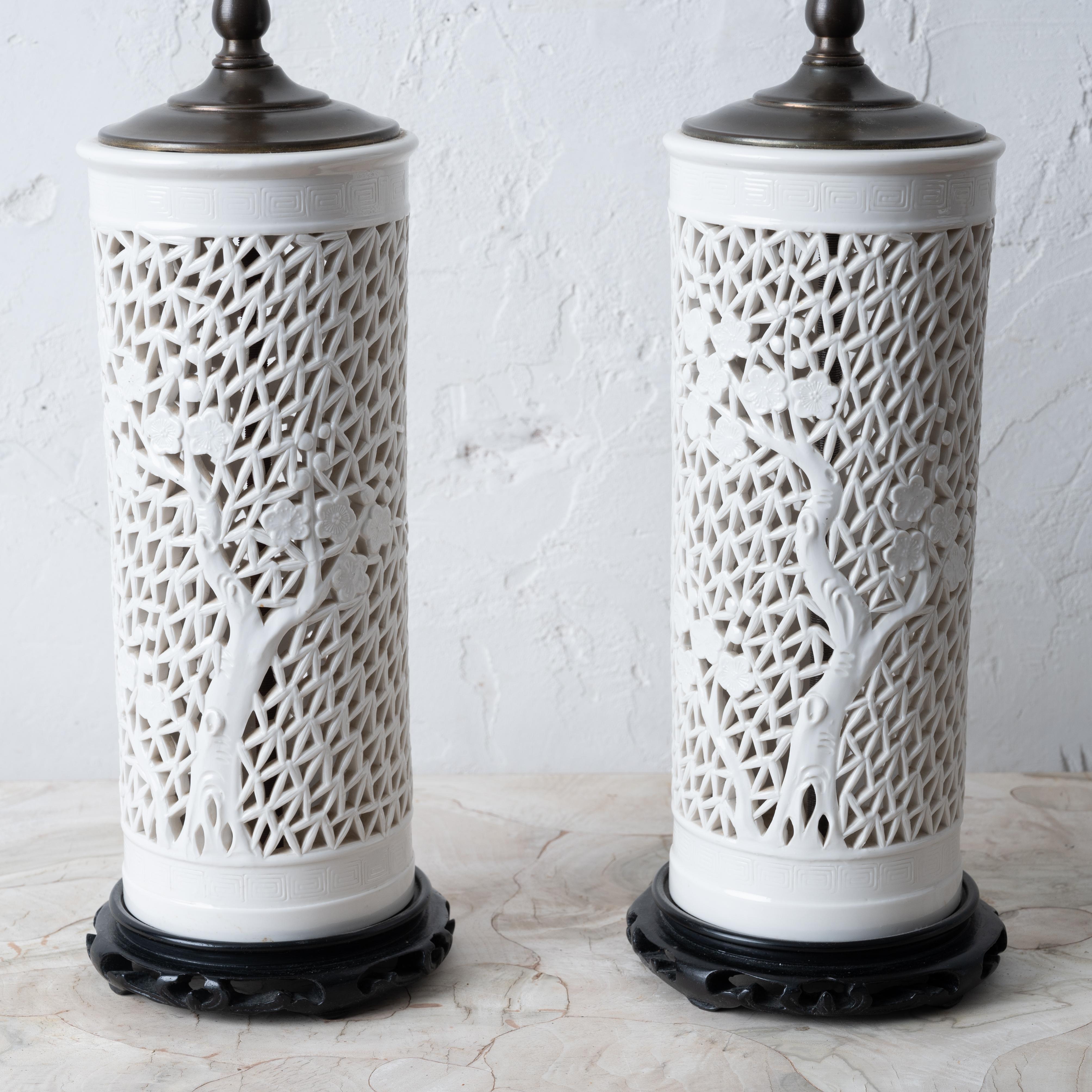 Chinese Reticulated Blanc de Chine Lamps - A Pair In Good Condition For Sale In Savannah, GA