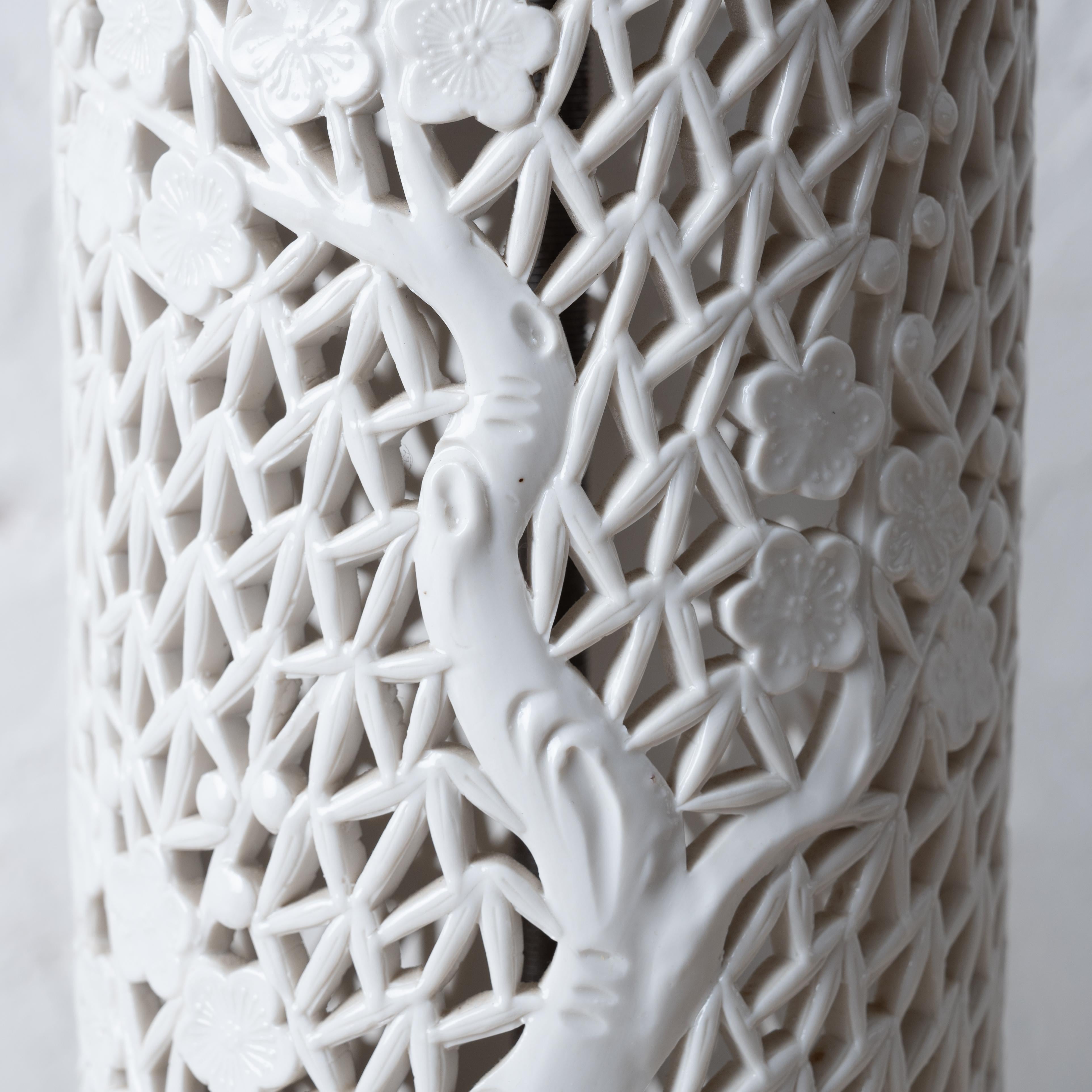 Porcelain Chinese Reticulated Blanc de Chine Lamps - A Pair For Sale