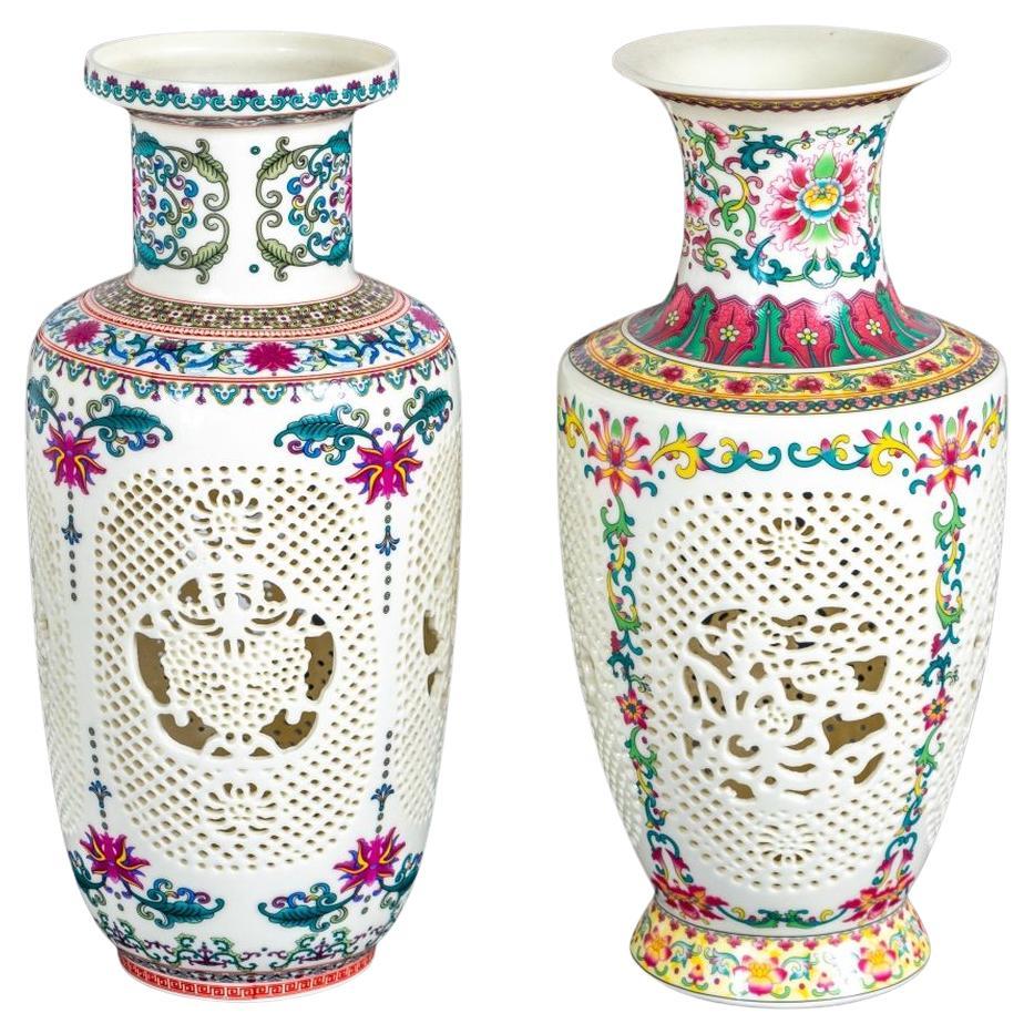 Chinese Reticulated Porcelain Baluster Vases, 2 For Sale