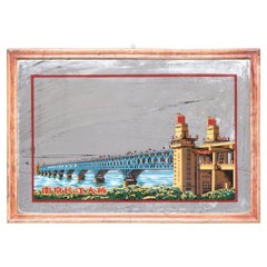 Vintage Chinese Reverse Glass Painted Mirror of the Yangtze River Bridge