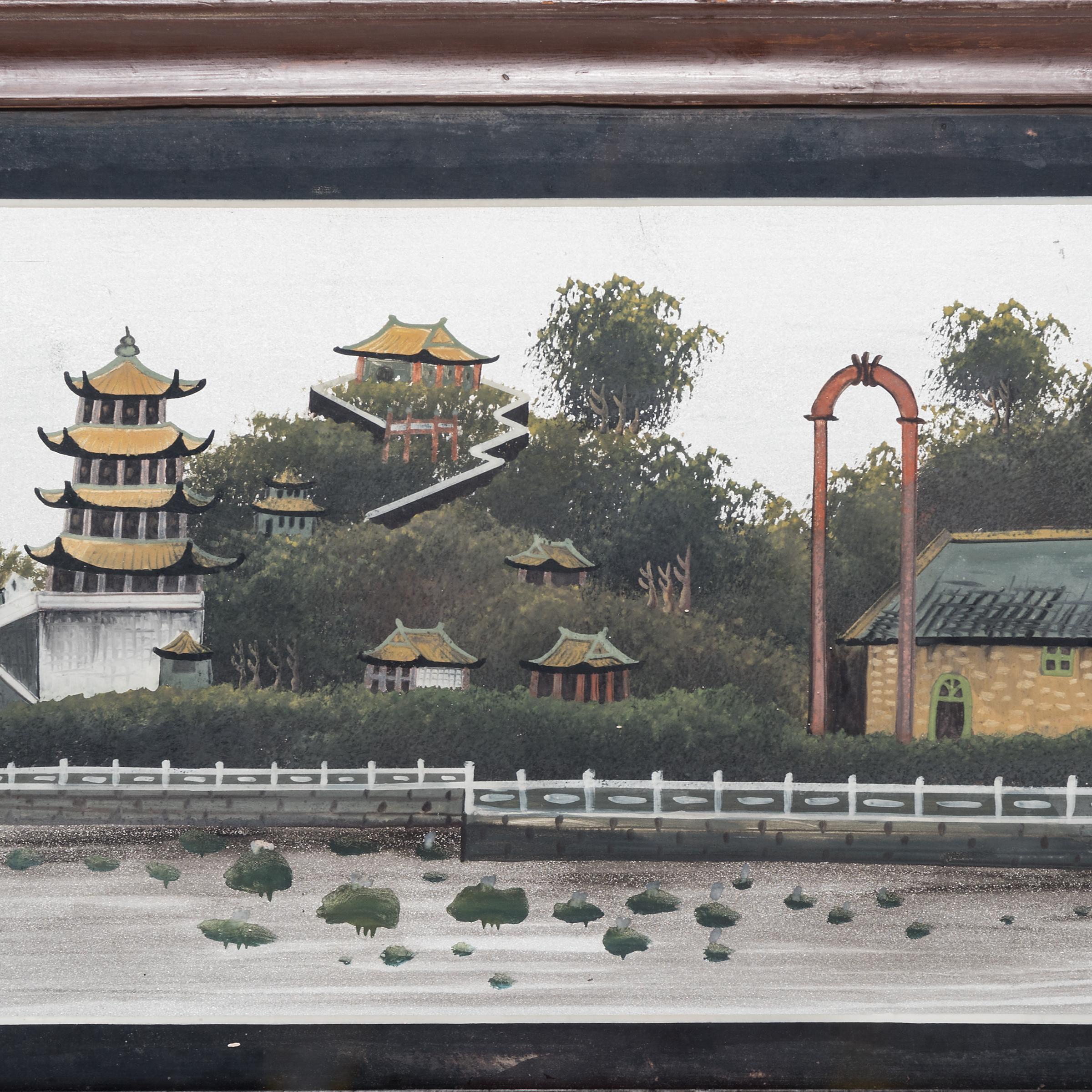Hand-Painted Chinese Reverse Glass Painting of Longevity Hill