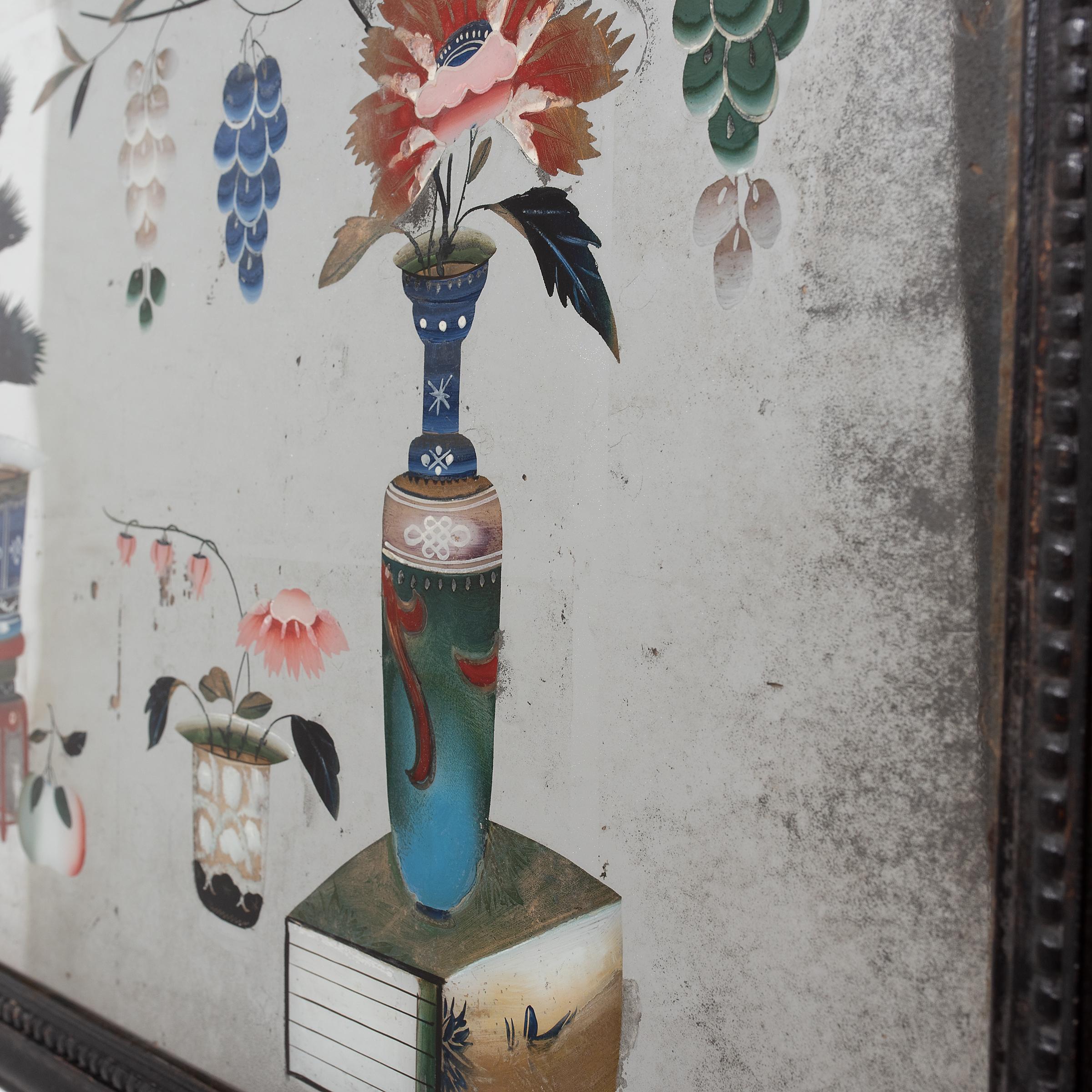 Qing Chinese Reverse Glass Painting of Scholars' Objects, c. 1850 For Sale