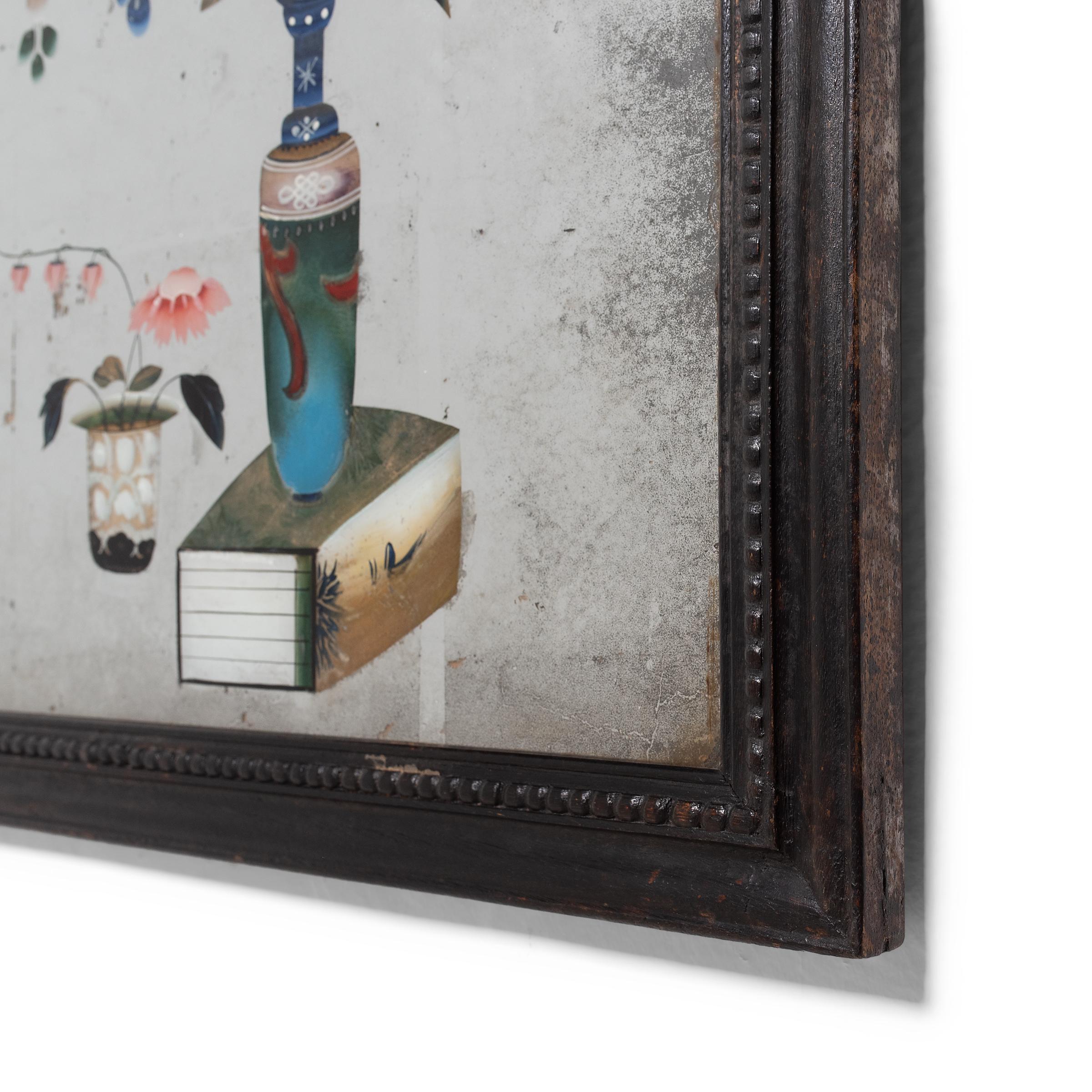 Painted Chinese Reverse Glass Painting of Scholars' Objects, c. 1850 For Sale