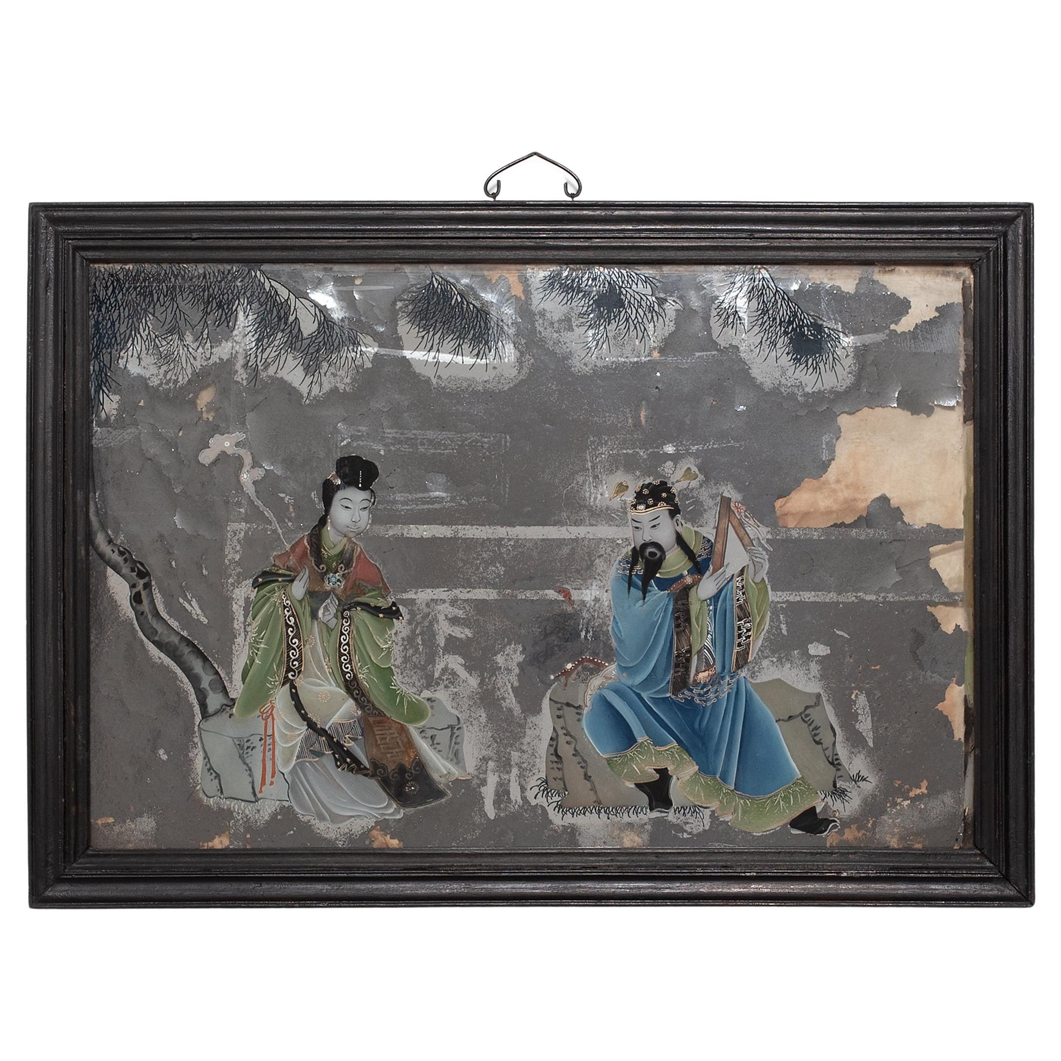 Peinture chinoise en verre inversé d'immortels taoïstes, vers 1900 en vente